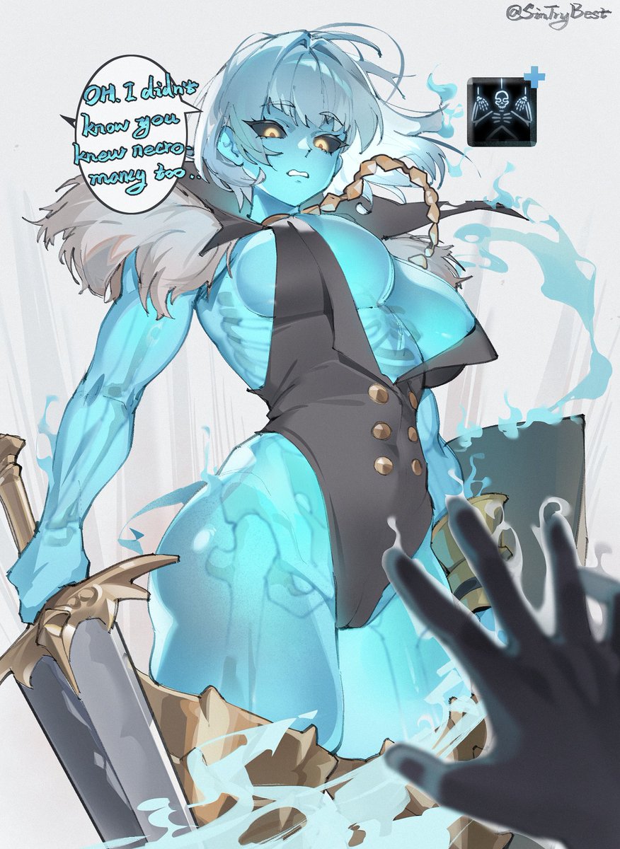 sin (sintrybest), original, commentary, english commentary, highres, 1girl, artist name, breasts, cameltoe, english text, floating hair, glowing, glowing eyes, holding, holding shield, holding sword, holding weapon, large breasts, leg armor, pov, pov hands, shield, skeleton, sword, twitter username, weapon, white hair, white mouth