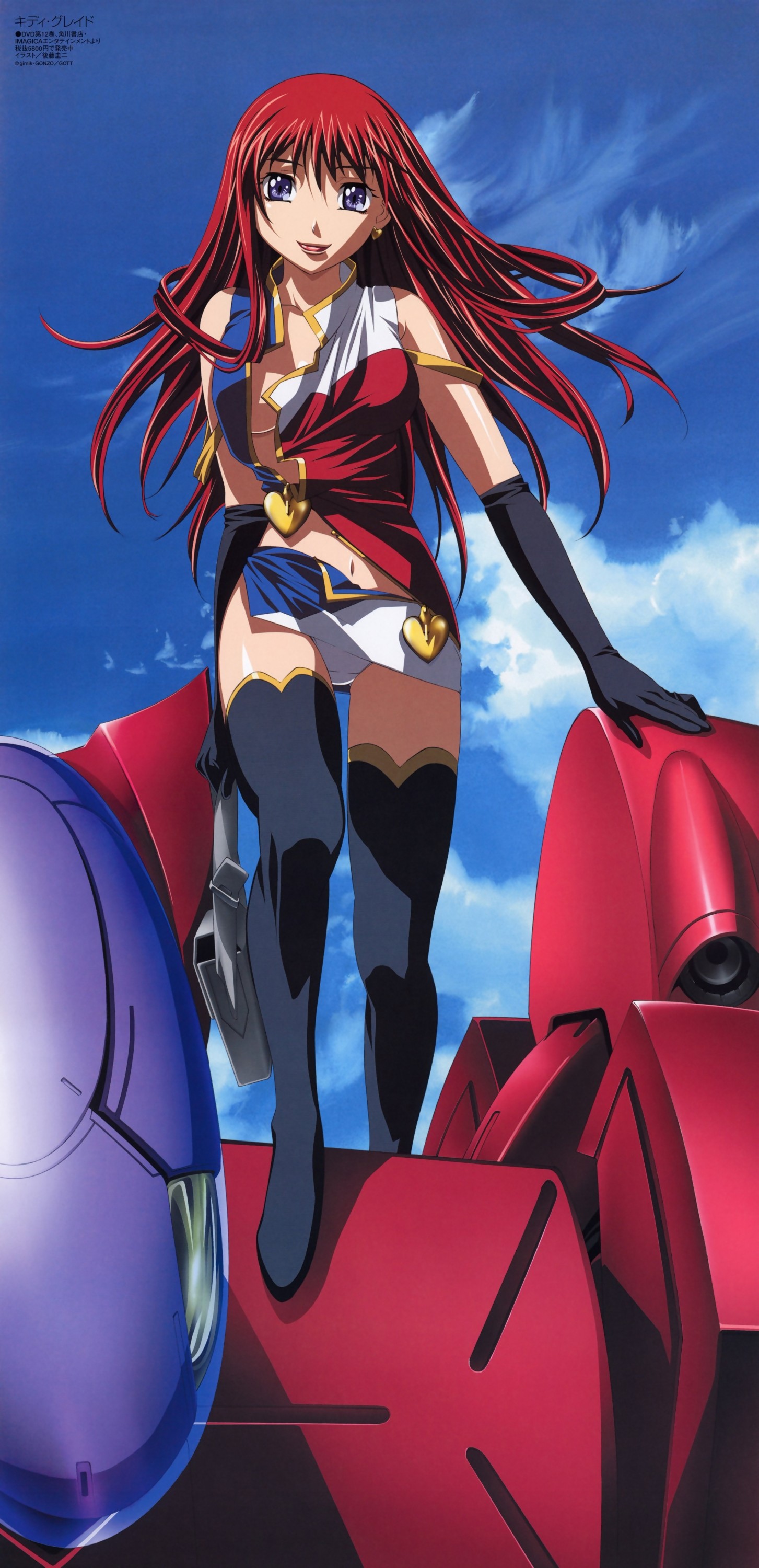 eclair (kiddy grade), kiddy grade, absurdres, highres, 00s, alternate costume, blue eyes, boots, earrings, elbow gloves, gloves, heart, jewelry, long hair, midriff, miniskirt, navel, red hair, skirt, thigh boots, thighhighs