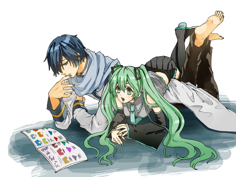 irono (irtyu), hatsune miku, kaito (vocaloid), vocaloid, bad id, bad pixiv id, 1boy, 1girl, aqua eyes, aqua hair, barefoot, blue eyes, blue hair, blue scarf, detached sleeves, feet, long hair, lying, necktie, on stomach, reading, scarf, skirt, thighhighs, twintails, very long hair