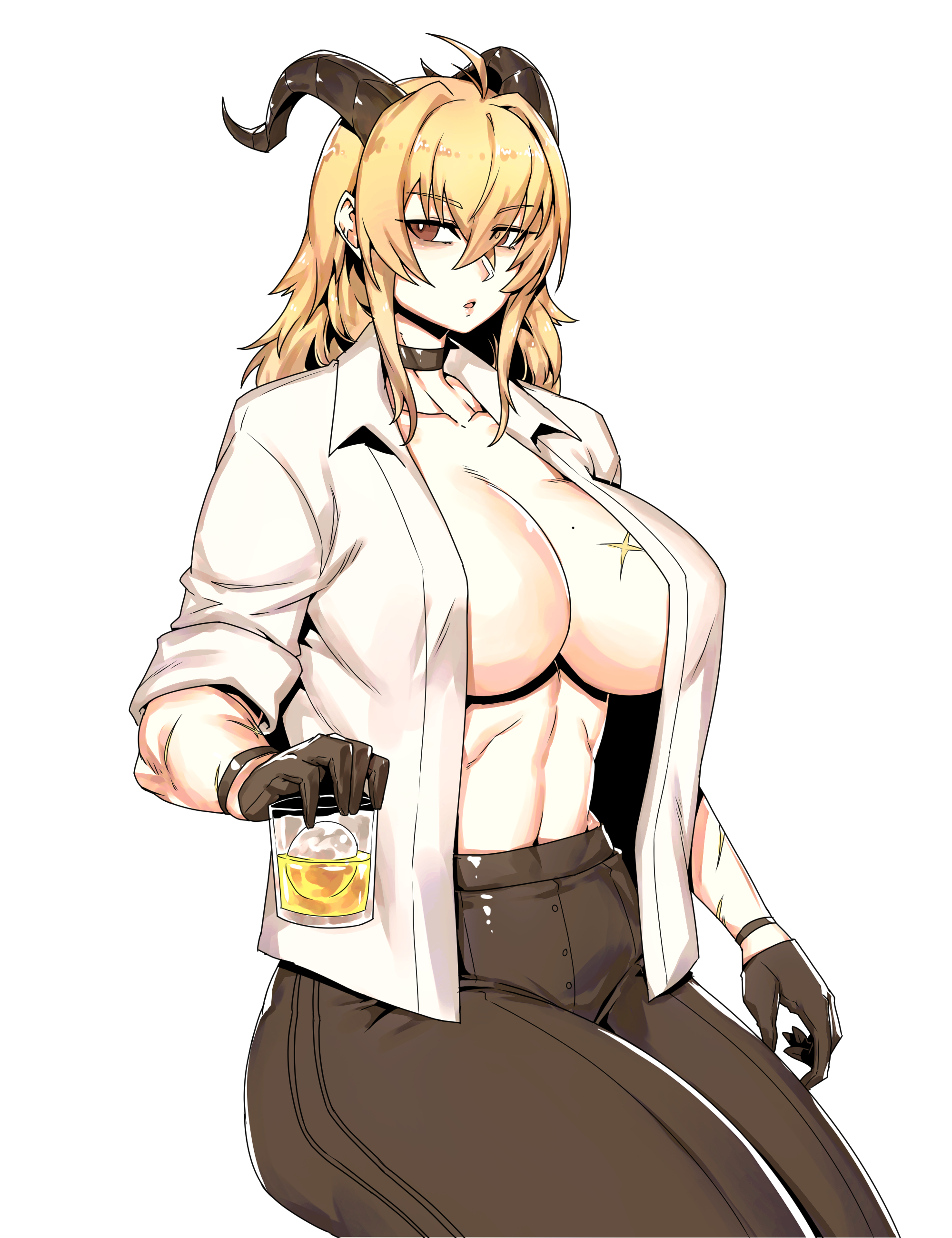 minew, zani (wuthering waves), wuthering waves, absurdres, commentary, english commentary, highres, 1girl, abs, black gloves, black horns, black pants, blonde hair, breasts, brown eyes, choker, cleavage, collared shirt, cup, gloves, high-waist pants, horns, large breasts, long hair, long sleeves, looking at viewer, navel, open clothes, pants, scar, shirt, sleeves rolled up, solo, white shirt