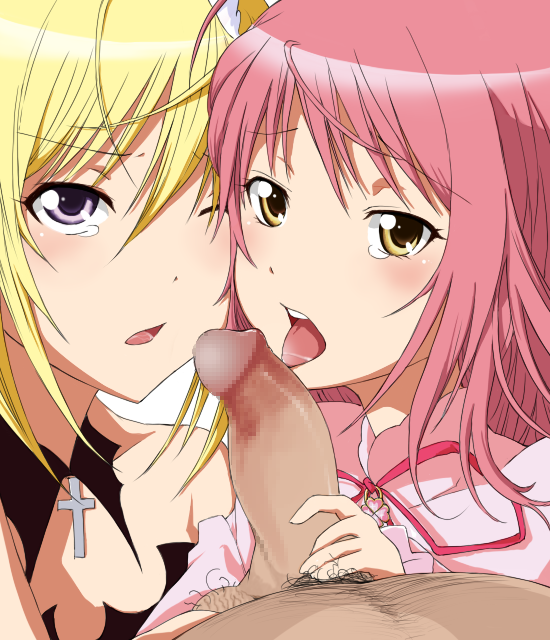 ta (tama20150125), amulet angel, hinamori ami, hinamori amu, hoshina utau, lunatic charm, shugo chara!, bad id, bad pixiv id, 1boy, 2girls, blonde hair, blush, censored, cooperative fellatio, cross, fellatio, licking, licking penis, long hair, magical girl, multiple girls, oral, penis, pink hair, teamwork, teamwork (sexual), tears, tongue