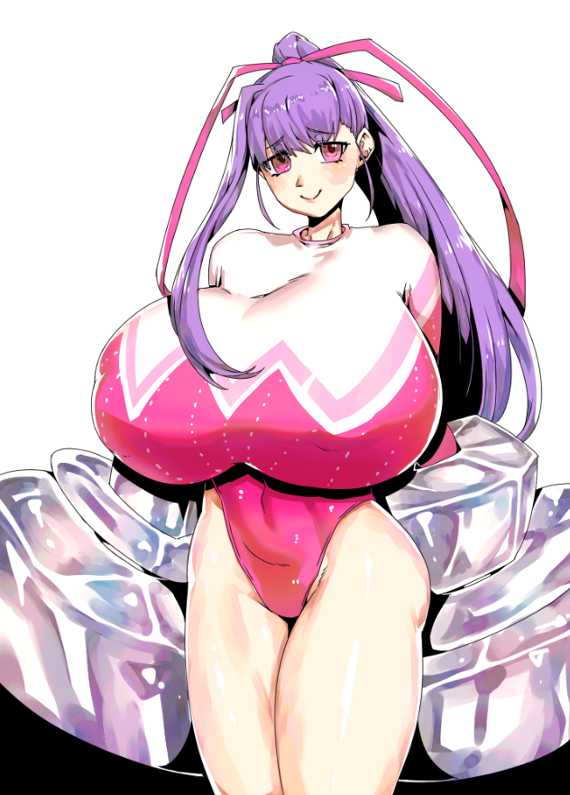 minew, passionlip (fate), passionlip (swimsuit saber) (second ascension) (fate), fate/grand order, fate (series), commentary, 1girl, blush, breasts, claw (weapon), covered navel, hair ribbon, high ponytail, huge breasts, leotard, long hair, long sleeves, looking at viewer, pink eyes, pink leotard, pink ribbon, ponytail, purple hair, ribbon, sleeved leotard, smile, solo, thighs, very long hair, weapon