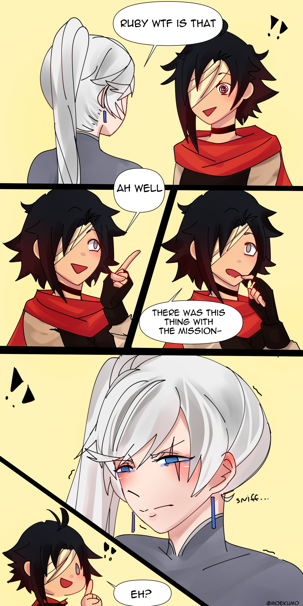 moekumo, ruby rose, weiss schnee, rwby, commentary, english commentary, highres, 2girls, bandage over one eye, black hair, blue eyes, cape, chibi, earrings, gradient hair, grey eyes, jewelry, long hair, multicolored hair, multiple girls, open mouth, ponytail, red cape, red hair, scar, scar across eye, scar on face, short hair, smile, white hair