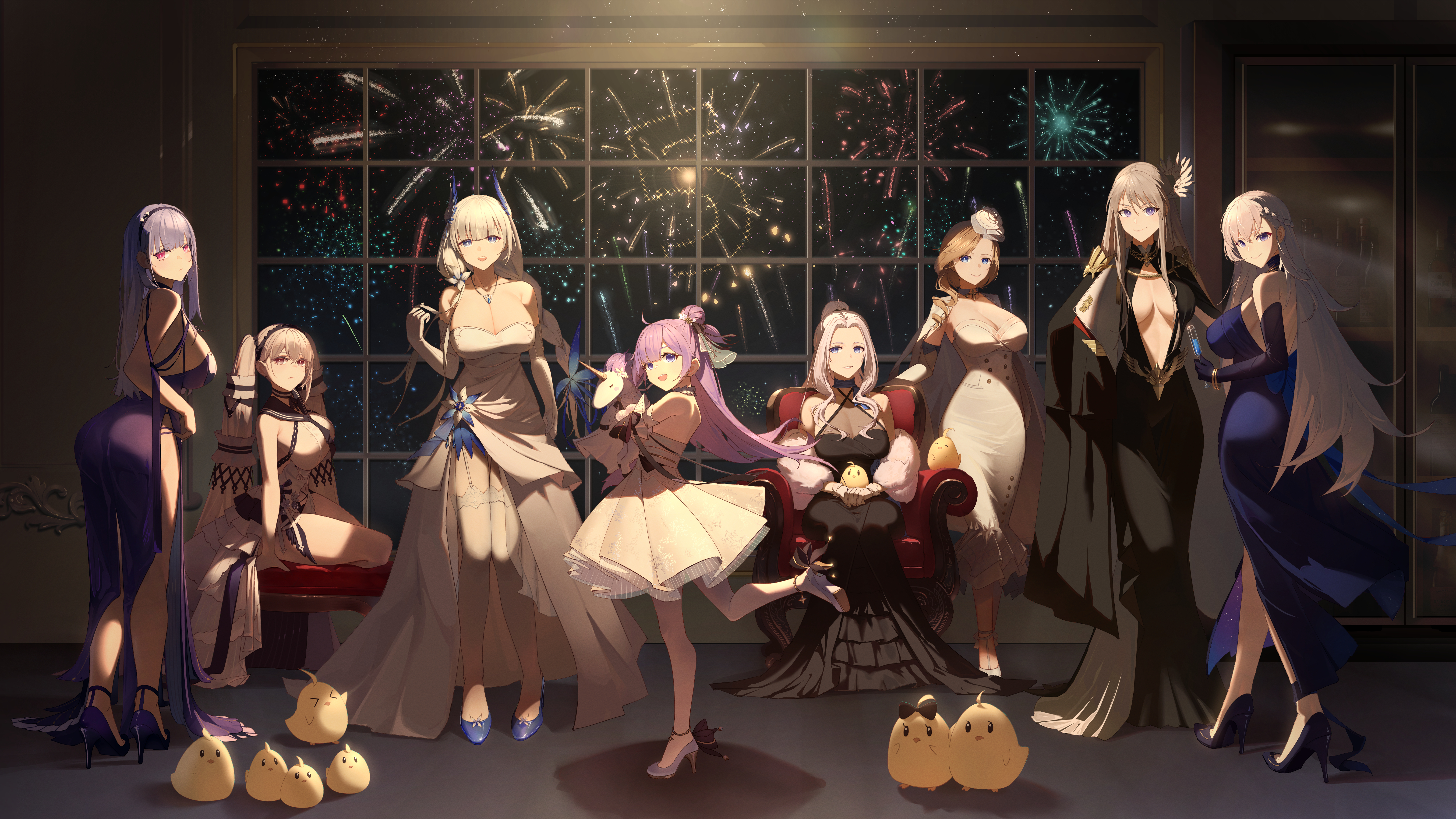 serelith, belfast (azur lane), belfast (the noble attendant) (azur lane), dido (anxious bisque doll) (azur lane), dido (azur lane), enterprise (azur lane), enterprise (heroic finery) (azur lane), formidable (azur lane), formidable (timeless classics) (azur lane), hood (azur lane), hood (dawnlight's dame) (azur lane), illustrious (azur lane), illustrious (illustrious ball) (azur lane), manjuu (azur lane), unicorn (a dream of pure vows) (azur lane), unicorn (azur lane), yorktown (azur lane), yorktown (evening i can't remember) (azur lane), azur lane, absurdres, commentary request, highres, revision, 6+girls, aerial fireworks, ass, black choker, black dress, black sailor collar, blue eyes, blue gem, bow, breasts, center opening, champagne flute, choker, cleavage, coat, coat on shoulders, cocktail dress, cup, dress, dress bow, dress flower, dress straps, drinking glass, elbow gloves, evening gown, feather dress, feather hair ornament, feathers, firework background, fireworks, flower, from behind, fur-trimmed coat, fur trim, gem, gloves, grey hair, hair bun, hair ornament, hair over shoulder, hair ribbon, hairband, halter dress, halterneck, head wings, high heels, holding, holding cup, huge breasts, indoors, jewelry, large breasts, leg up, long dress, long hair, long skirt, looking at viewer, looking back, mature female, medium breasts, multiple girls, necklace, night, official alternate costume, open clothes, open coat, open mouth, pelvic curtain, purple dress, purple gloves, purple hairband, purple shoes, red eyes, ribbon, sailor collar, shoes, single side bun, sitting, skirt, sleeveless, sleeveless dress, standing, standing on one leg, stiletto heels, strapless, strapless dress, stuffed winged unicorn, teeth, thighhighs, twintails, two-tone dress, two-tone ribbon, upper teeth only, very long hair, white coat, white dress, white gloves, white hair, white shoes, white skirt, white thighhighs, winged unicorn, wings