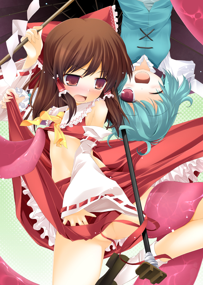 tororo (toriaezu), hakurei reimu, tatara kogasa, touhou, 2girls, blue hair, bow, brown hair, censored, clothes lift, convenient censoring, detached sleeves, female focus, hair bow, karakasa obake, multiple girls, no panties, one eye closed, red eyes, short hair, skirt, skirt lift, tongue, umbrella, wink