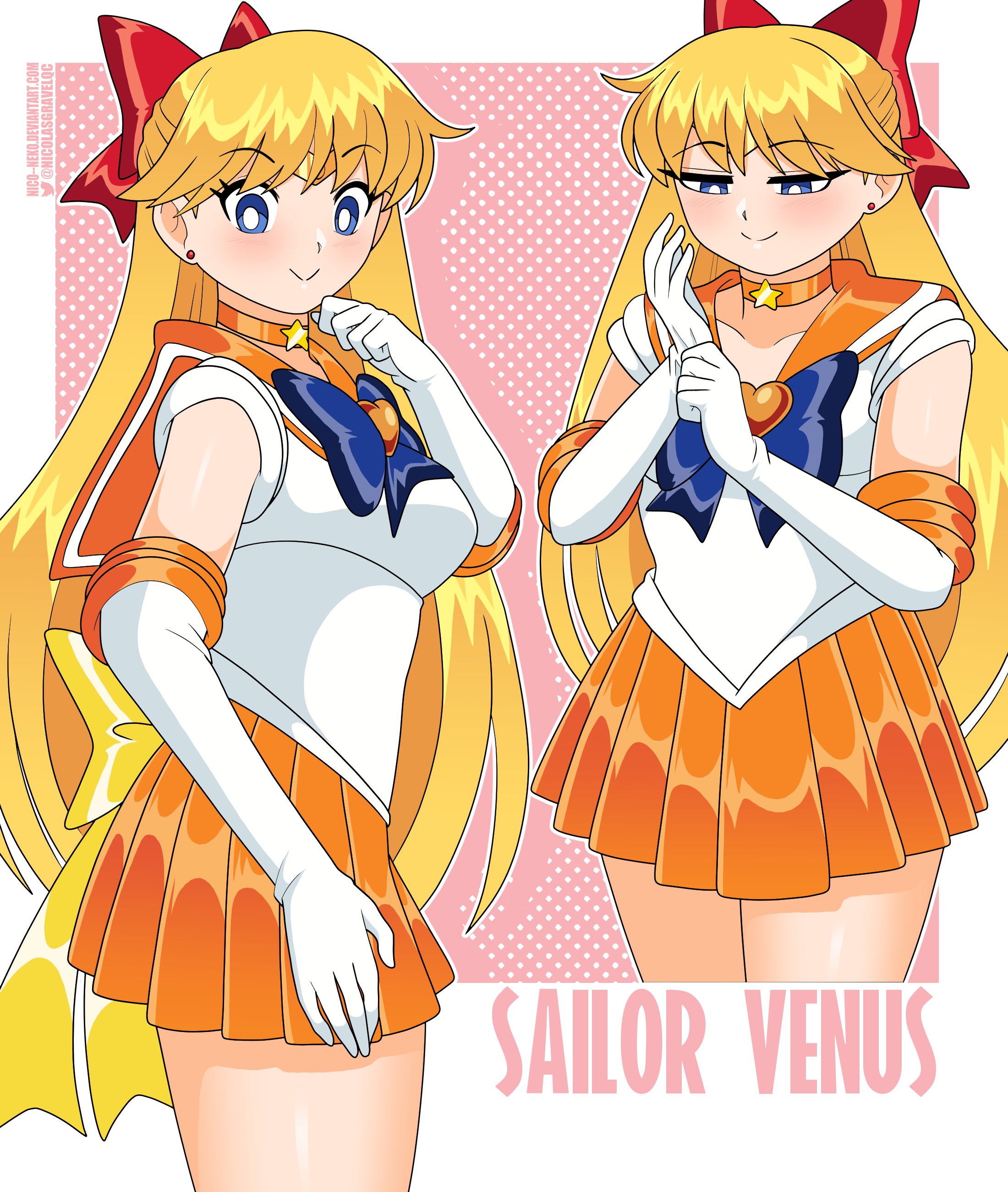 nico-neko, aino minako, sailor venus, super sailor venus, bishoujo senshi sailor moon, bishoujo senshi sailor moon supers, absurdres, commentary, english commentary, highres, back bow, blonde hair, blue eyes, bow, brooch, choker, elbow gloves, gloves, heart, heart brooch, inner senshi, jewelry, long hair, orange choker, orange sailor collar, orange skirt, red bow, sailor collar, sailor senshi uniform, skirt, smile, star (symbol), star choker, white gloves