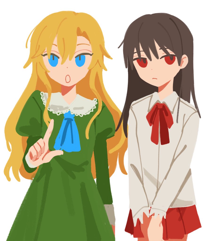 nabob, ib (ib), mary (ib), ib (kouri), commentary, hashtag-only commentary, 2girls, ascot, blonde hair, blue eyes, collared dress, collared shirt, cowboy shot, dress, expressionless, juliet sleeves, long hair, long sleeves, looking at viewer, looking to the side, multiple girls, neck ribbon, no lineart, open mouth, own hands together, pleated skirt, pointing, pointing at viewer, puffy sleeves, red eyes, ribbon, shirt, skirt