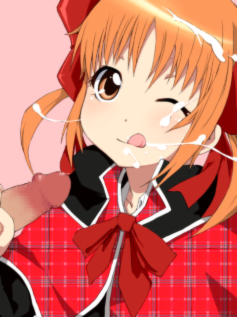 ta (tama20150125), yuiki yaya, shugo chara!, bad id, bad pixiv id, 1girl, :q, blush, brown eyes, brown hair, censored, cum, cum in mouth, cum on body, facial, fellatio, happy, licking, one eye closed, oral, penis, solo focus, tongue, tongue out, wink