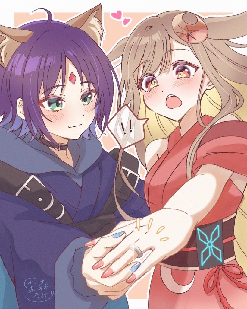 sakayori iroha, commentary request, !, 2girls, ahoge, animal ear fluff, animal ears, black choker, blue hoodie, blue nails, blush, brown eyes, brown hair, cho kaguya-hime!, choker, closed mouth, crescent, crescent hair ornament, forehead jewel, green eyes, hair ornament, heart, holding hands, hood, hoodie, japanese clothes, jewelry, kaguya (cho kaguya-hime!), kimono, long hair, long sleeves, looking at another, lop rabbit ears, multiple girls, nail polish, obi, open mouth, outline, parted bangs, pink nails, purple hair, rabbit ears, red kimono, ring, sash, satomoriumi, short hair, smile, spoken exclamation mark, surprised, wavy mouth, wedding ring, white outline, yuri
