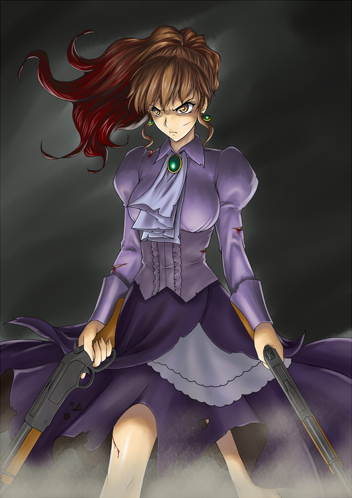 210ten, ushiromiya natsuhi, umineko no naku koro ni, 1girl, angry, blood, brown eyes, brown hair, dress, dual wielding, earrings, female focus, gradient hair, gun, holding, jewelry, multicolored hair, ponytail, red hair, scratches, shotgun, solo, torn clothes, weapon