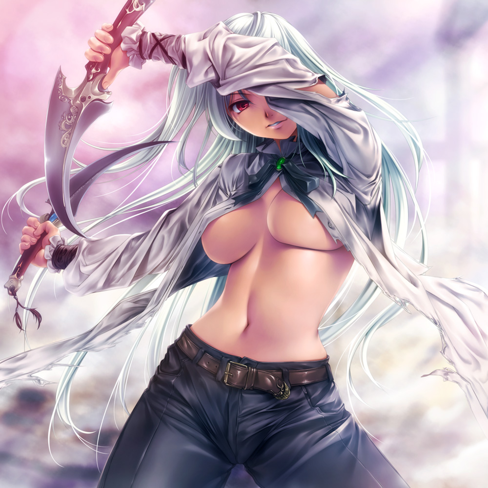 rezi, original, photoshop (medium), 1girl, belt, blue pants, breasts, brooch, cowboy shot, dagger, denim, dress shirt, dual wielding, female focus, head tilt, holding, holding knife, holding weapon, jeans, jewelry, knife, large breasts, long hair, long sleeves, looking at viewer, navel, no bra, open clothes, open shirt, pants, red eyes, shirt, smile, solo, tan, torn clothes, torn shirt, underboob, very long hair, weapon, white hair, white shirt