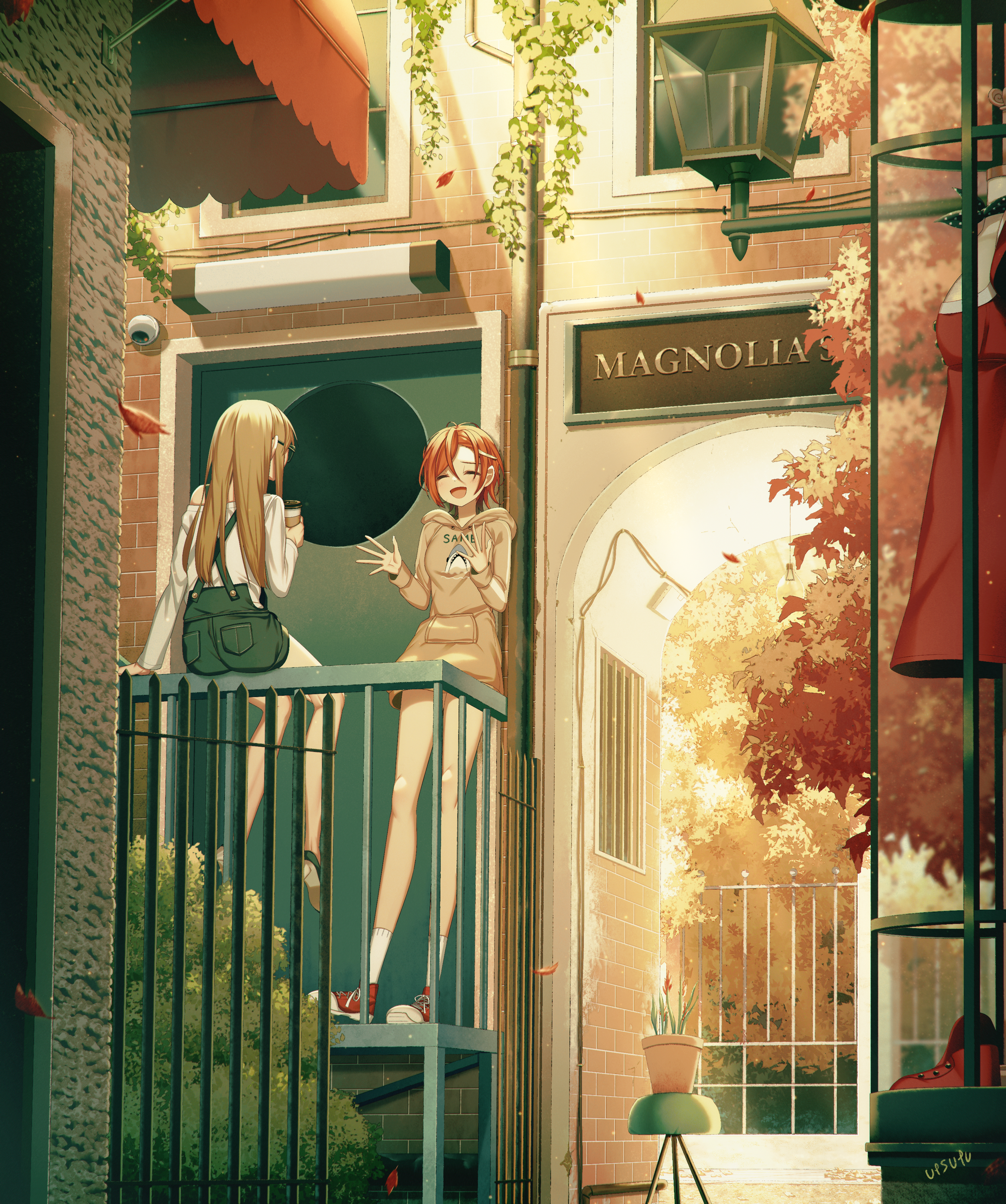sakakidani, converse, original, absurdres, commentary, english commentary, highres, 2girls, arch, arm at side, arm support, autumn, autumn leaves, awning, balcony, black shorts, blonde hair, brown hoodie, building, bush, cup, disposable coffee cup, disposable cup, door, english text, forehead, hand up, hands up, holding, holding cup, hood, hoodie, lantern, leaf, long hair, long hoodie, long sleeves, medium hair, multiple girls, on railing, outdoors, overall shorts, overalls, parted bangs, plant, potted plant, print hoodie, railing, red hair, scenery, shirt, shoes, short shorts, shorts, sitting, slice of life, sneakers, socks, standing, straight hair, tree, white shirt, white socks, wolf cut