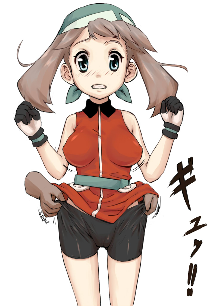 nyonn24, may (pokemon), may (pokemon emerald), nintendo, pokemon, pokemon rse, bad id, bad pixiv id, 00s, 1girl, alternate costume, bandana, bare shoulders, bike shorts, brown hair, cameltoe, covered erect nipples, female focus, hat, latex, simple background, solo, surprised arms, wedgie, white background