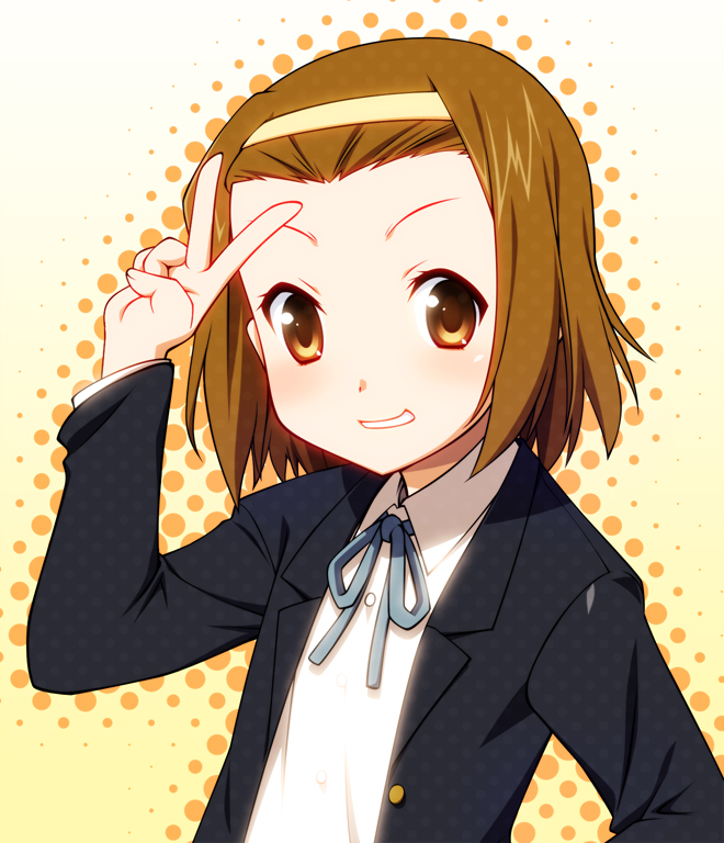 natsukon, tainaka ritsu, k-on!, 1girl, brown eyes, brown hair, female focus, gradient background, hairband, halftone, halftone background, school uniform, short hair, solo, v