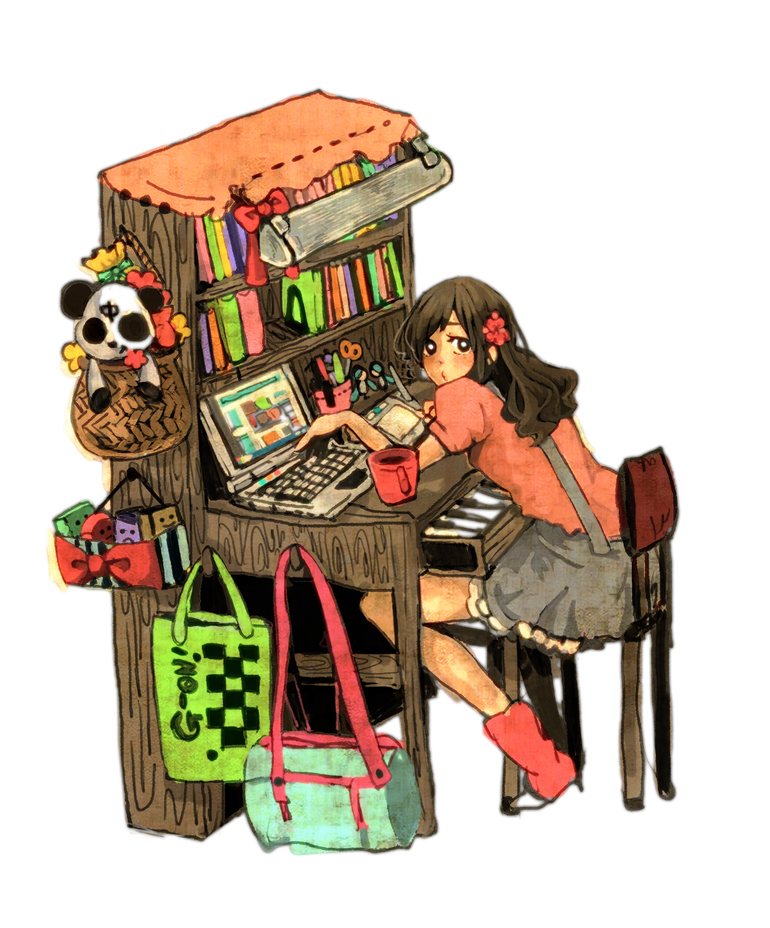 wic033, taiwan (hetalia), axis powers hetalia, bad id, bad pixiv id, 1girl, ahoge, alternate costume, brown hair, computer, computer keyboard, desk, female focus, flower, full body, hair flower, hair ornament, laptop, skirt, solo