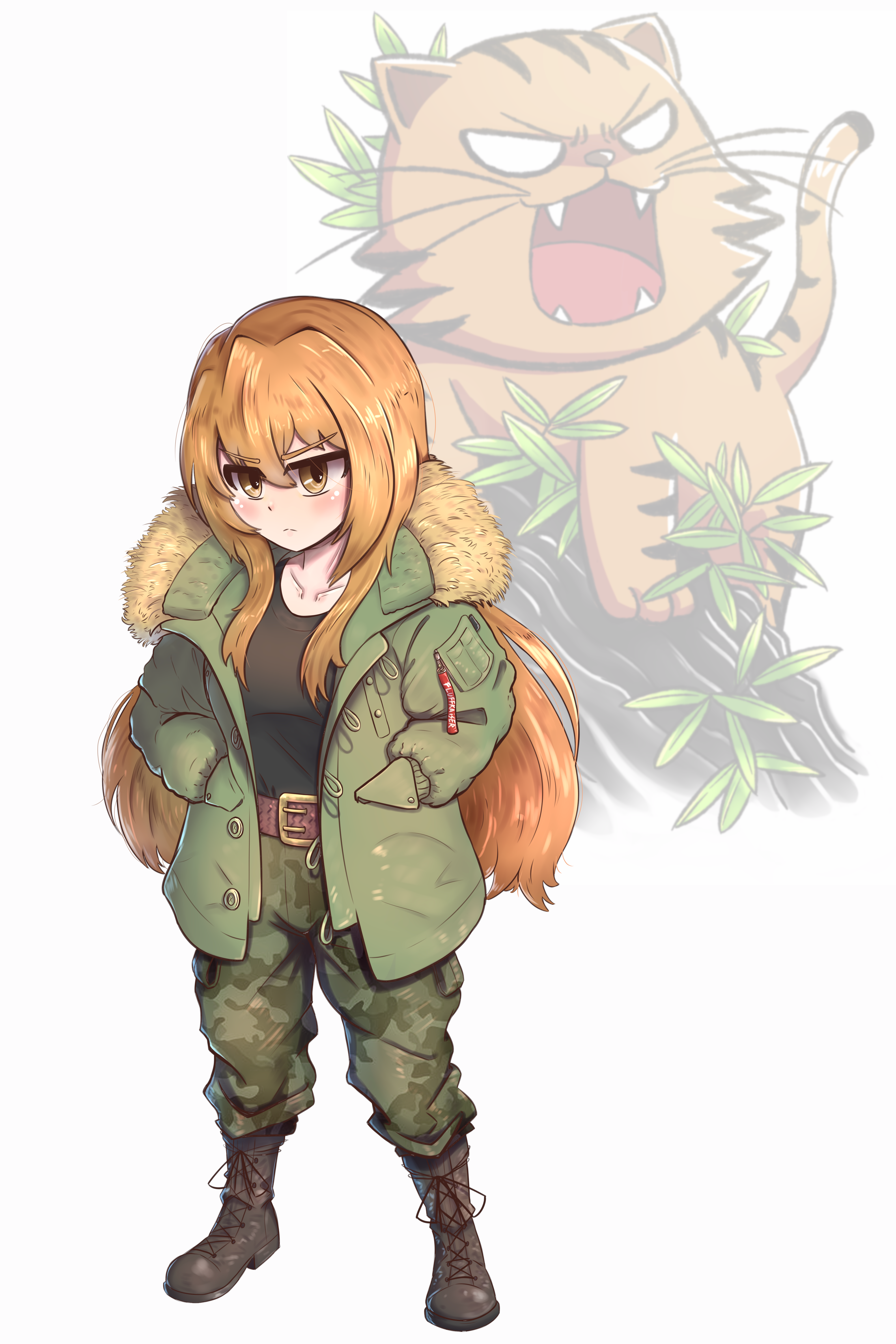 fluffkaiser, aisaka taiga, palmtop tiger, saejima taiga, ryuu ga gotoku (series), ryuu ga gotoku 1, toradora!, absurdres, commentary, english commentary, highres, 1girl, belt, black shirt, blush, boots, breasts, brown eyes, camouflage, camouflage pants, coat, cosplay, fangs, full body, green jacket, hands in pockets, jacket, lace-up boots, leather belt, long hair, name connection, open clothes, open coat, pants, saejima taiga (cosplay), serious, shirt, simple background, small breasts, solo, standing, t-shrt, winter clothes, winter coat