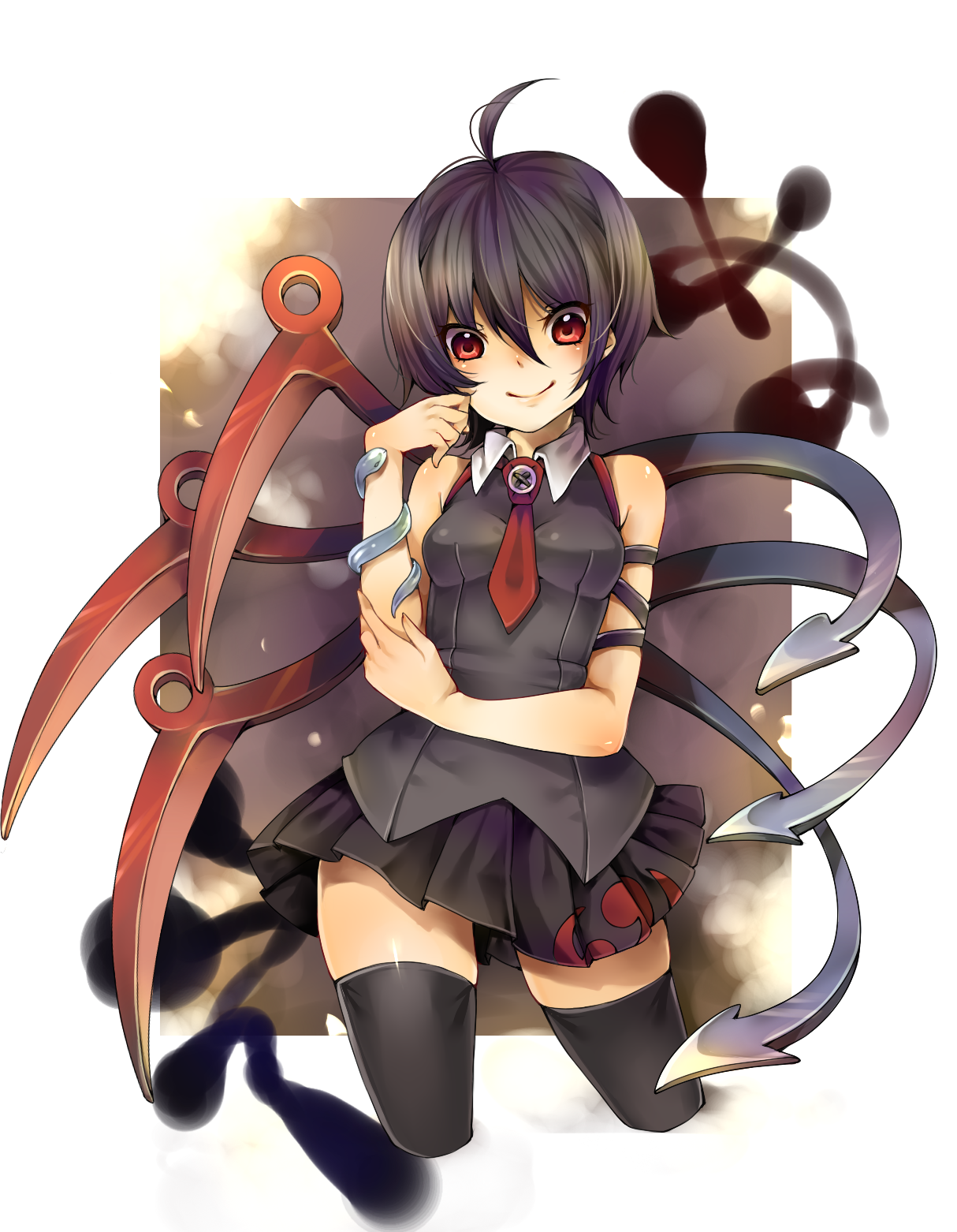 rojiko, houjuu nue, touhou, highres, 1girl, asymmetrical wings, black hair, black thighhighs, dress, female focus, full body, red eyes, short hair, snake, solo, thighhighs, white background, wings