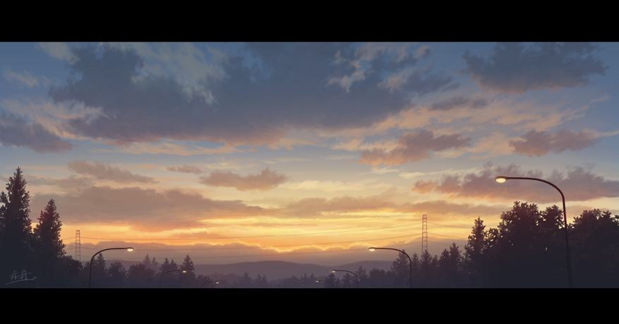 akafune, original, commentary request, cloud, dusk, evening, gradient sky, lamppost, letterboxed, mountainous horizon, no humans, outdoors, power lines, scenery, signature, sky, transmission tower, tree, twilight