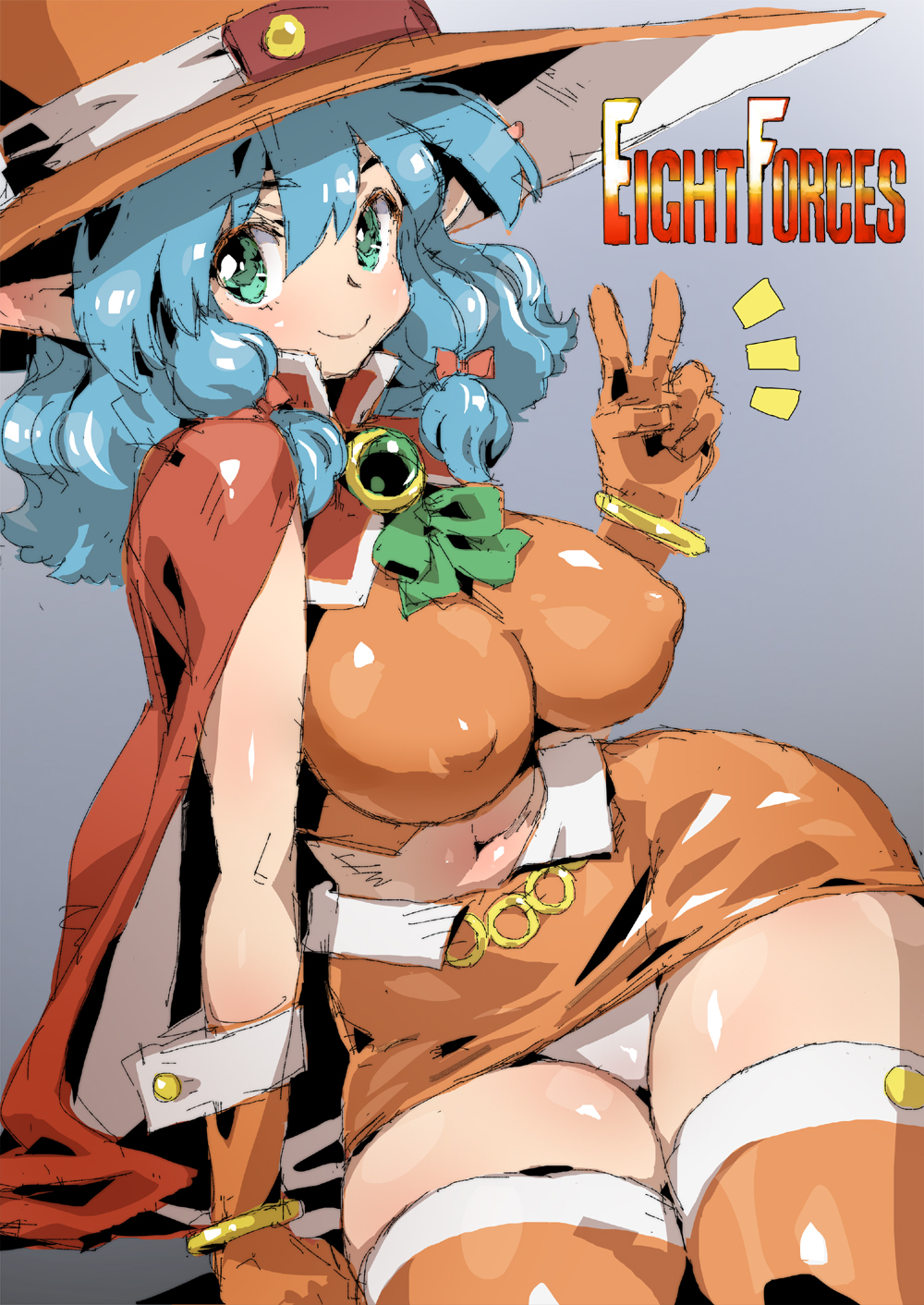 puchidori, commentary request, highres, 1girl, blue hair, breasts, cape, closed mouth, covered erect nipples, eight forces, gloves, green eyes, grey background, hat, jewelry, large breasts, long hair, looking at viewer, midriff, navel, orange gloves, orange skirt, orange thighhighs, panties, pointy ears, red cape, simple background, skirt, smile, solo, thighhighs, underwear, v, white panties, witch hat