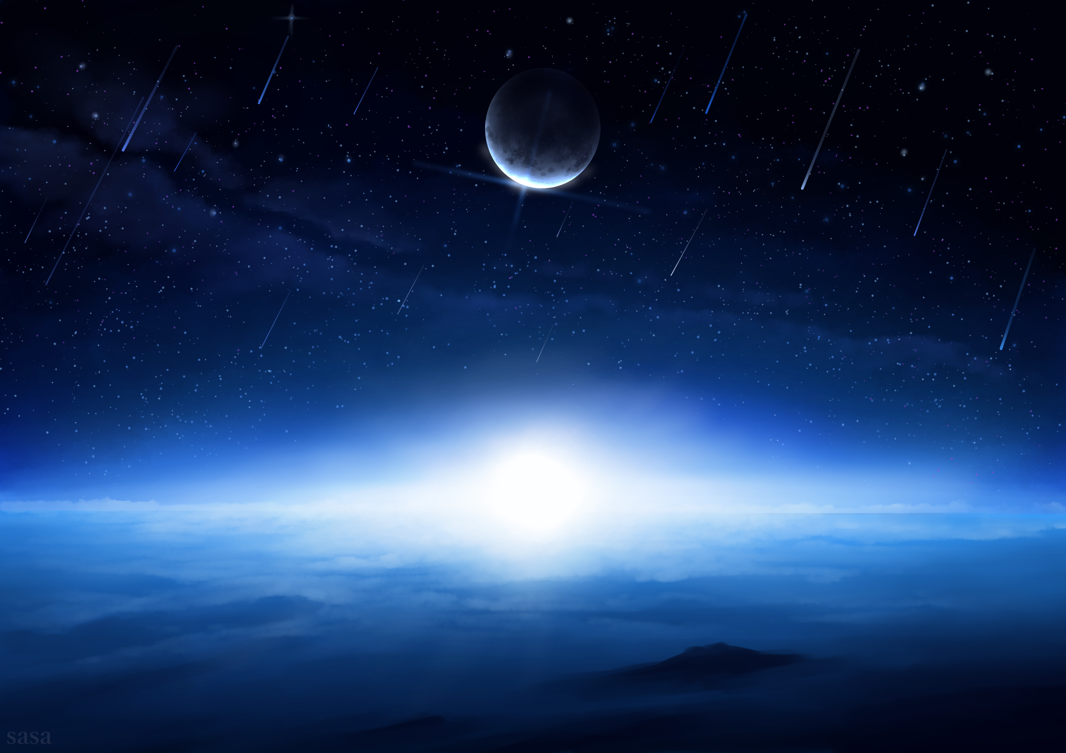 original, absurdres, commentary request, highres, above clouds, artist name, black sky, cloud, horizon, meteor shower, milky way, moon, night, no humans, outdoors, sasa (akfn3283), scenery, sky, star (sky), starry sky, watermark