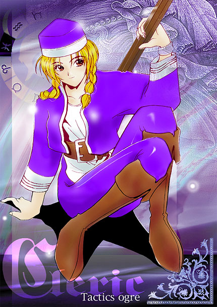 kawagishi keitarou, tactics ogre, bad id, 1girl, aquarius (symbol), aries (symbol), belt, belt buckle, blonde hair, boots, bracelet, braid, brown belt, brown boots, buckle, capricorn (symbol), character name, cleric (tactics ogre), closed mouth, copyright name, full body, gemini (symbol), hair over shoulder, hand up, holding, holding staff, jacket, jewelry, knee boots, knees up, low twin braids, medium hair, open clothes, open jacket, pants, pisces (symbol), purple jacket, purple pants, red eyes, shirt, sitting, smile, solo, staff, taurus (symbol), twin braids, white shirt, zodiac wheel