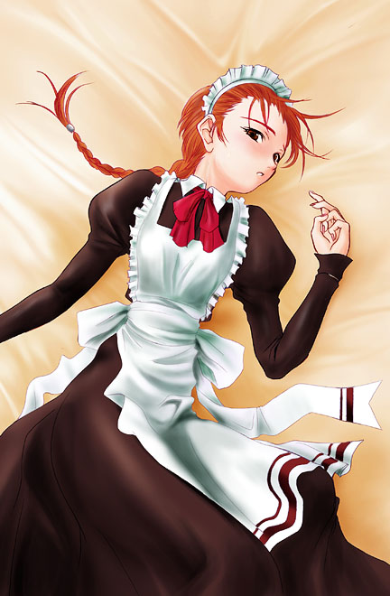 kawagishi keitarou, original, bad id, 1girl, apron, back bow, bed sheet, black dress, bow, bowtie, braid, collared dress, dress, feet out of frame, frilled apron, frills, hand up, juliet sleeves, long dress, long sleeves, looking at viewer, lying, maid, maid headdress, medium hair, on back, orange eyes, orange hair, parted lips, puffy sleeves, red bow, red bowtie, single braid, sleeves past wrists, solo, white apron, white bow