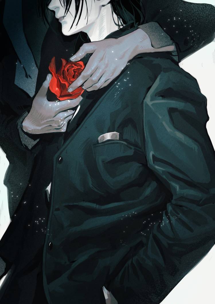 momoyoru1, uchiha itachi, naruto (series), commentary request, 2boys, black hair, breast pocket, buttons, closed mouth, flower, formal clothes, from side, hand in pocket, jacket, male focus, multiple boys, pocket, red flower, red rose, rose, short hair, simple background, suit, suit jacket, white background