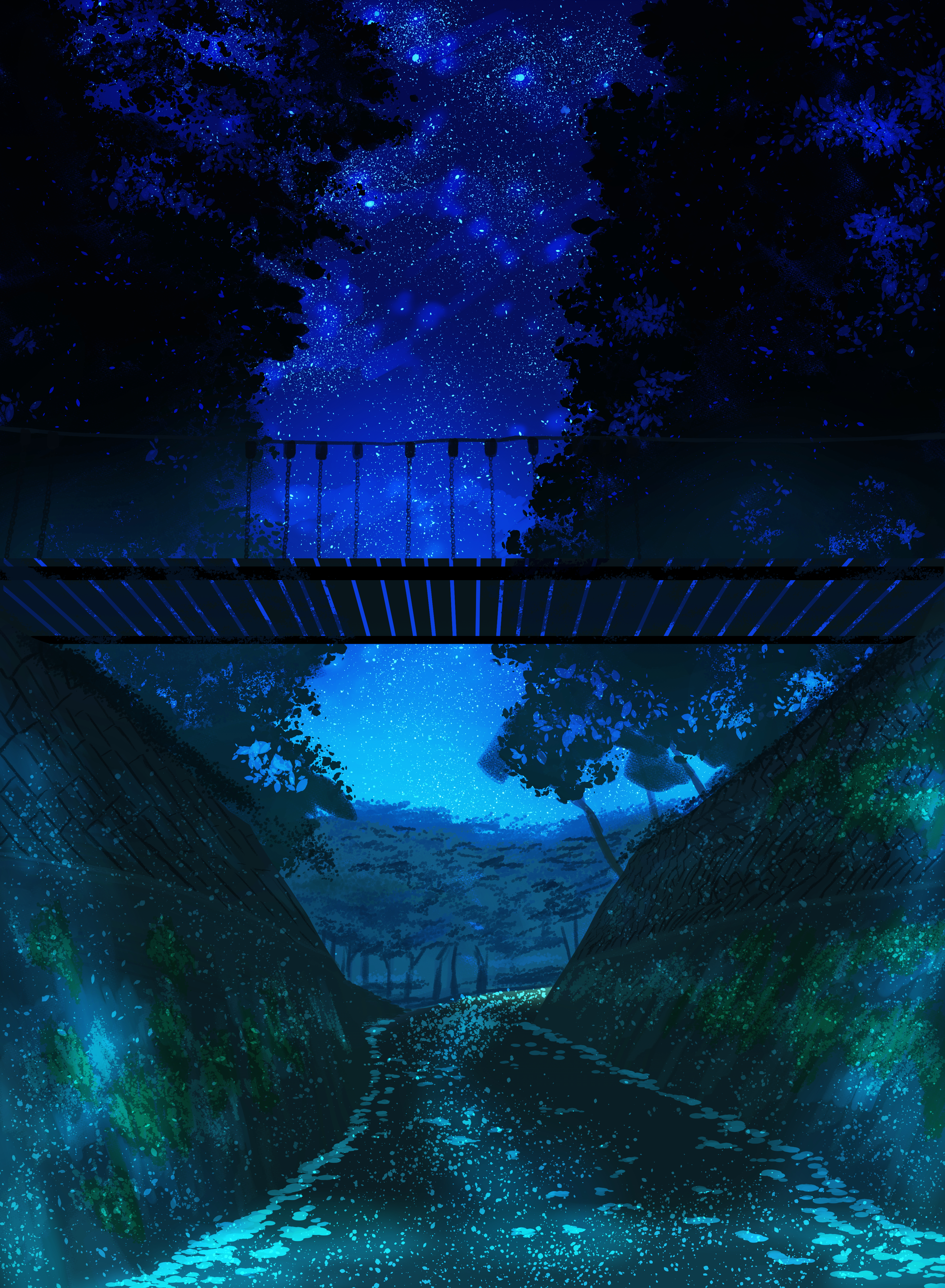 original, absurdres, commentary request, highres, blue sky, bridge, cool colored, night, no humans, outdoors, pizza (pddc8233), river, scenery, sky, star (sky), starry sky, tree, wooden bridge
