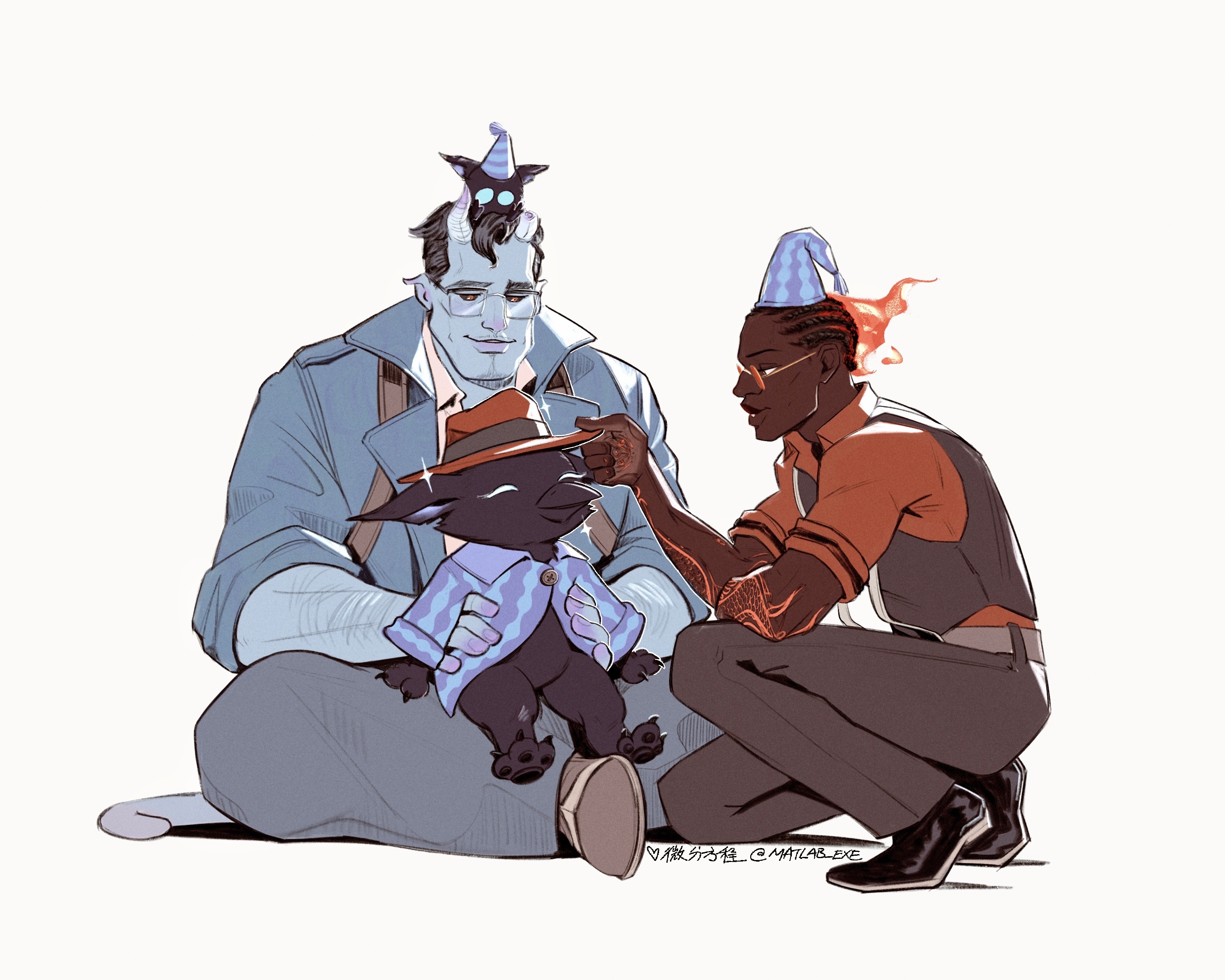 matlab exe, abrams (deadlock), infernus (deadlock), deadlock (game), absurdres, character request, check character, commentary request, highres, 3boys, animal, animal on head, arm tattoo, black-framed eyewear, black cat, black hair, black sclera, black shoes, black vest, blue jacket, blue skin, broken horn, brown hat, brown shoes, cat, collared shirt, colored sclera, colored skin, cornrows, dark-skinned male, dark skin, formal clothes, glasses, grey pants, hand on another's hat, hand tattoo, hat, horns, jacket, looking at another, male focus, multiple boys, on head, orange-framed eyewear, orange-tinted eyewear, orange suit, pants, shirt, shoes, short hair, simple background, sitting, suit, tail, tattoo, tinted eyewear, vest, waistcoat, white background, white horns, white shirt, yellow eyes