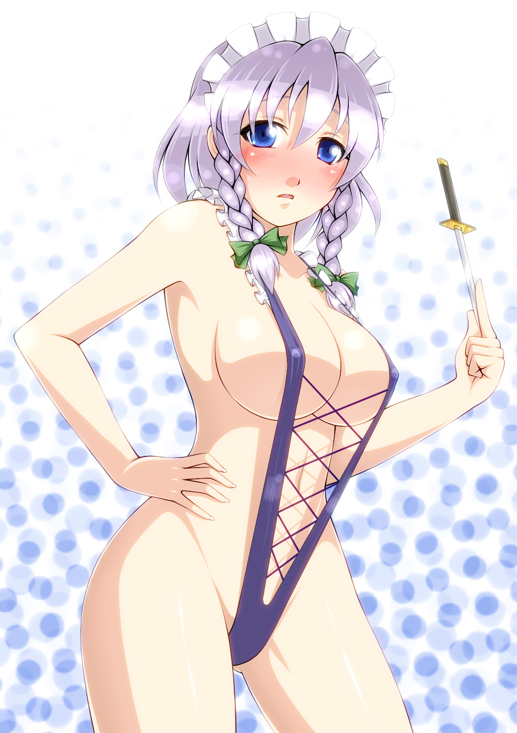 genjuu rou, izayoi sakuya, touhou, silver hair, highres, 1girl, blue eyes, blush, bow, braid, breasts, female focus, hair bow, hand on own hip, hip focus, knife, large breasts, looking at viewer, maid headdress, parted lips, slingshot swimsuit, solo, swimsuit, throwing knife, twin braids, weapon