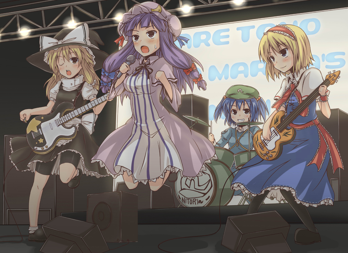 lock heart (juuryokudou), alice margatroid, kawashiro nitori, kirisame marisa, patchouli knowledge, subterranean animism, touhou, 4girls, band (music), bass guitar, bike shorts, blonde hair, drum, female focus, guitar, hat, instrument, microphone, multiple girls, one eye closed, pantyhose, speaker, wink, witch, witch hat
