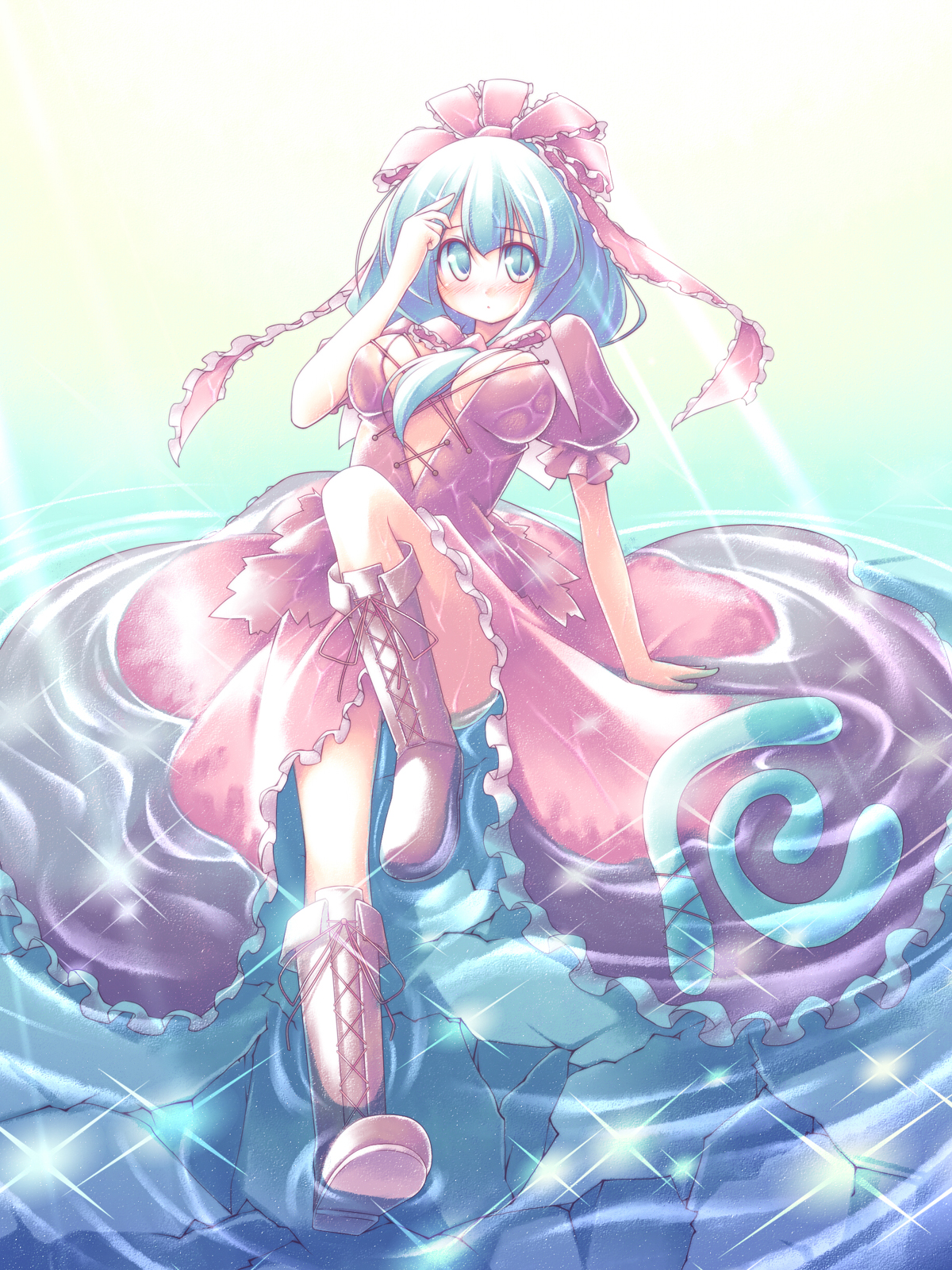 kibushi, kagiyama hina, touhou, highres, 1girl, boots, dress, female focus, frills, front ponytail, green eyes, green hair, hair ribbon, matching hair/eyes, ribbon, short hair, solo, water