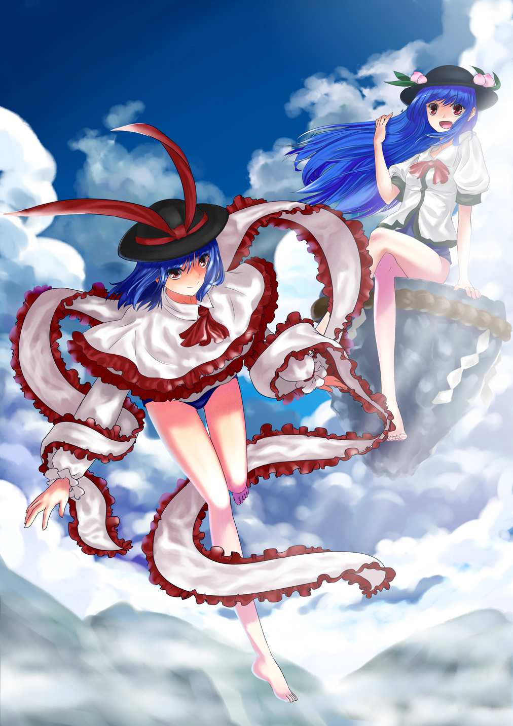 orangec, hinanawi tenshi, nagae iku, touhou, bad id, bad pixiv id, highres, 2girls, barefoot, blue hair, capelet, crossed legs, female focus, food, fruit, hat, kaname-ishi, long hair, multiple girls, outdoors, peach, red eyes, rope, shawl, shimenawa, short hair, sitting, sky, swimsuit, swimsuit under clothes