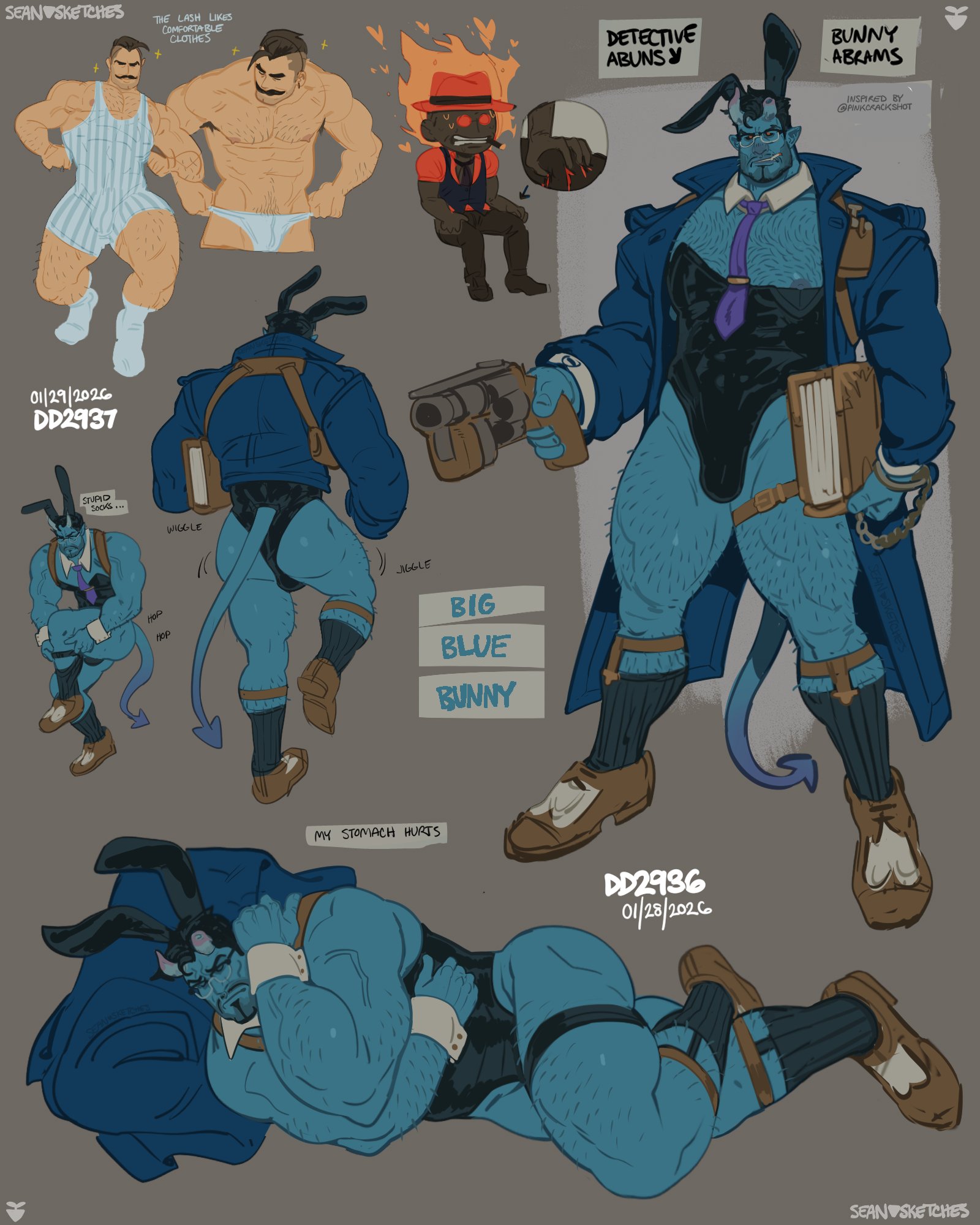 seansketches, abrams (deadlock), infernus (deadlock), lash (deadlock), deadlock (game), commentary, english commentary, highres, 3boys, animal ears, bara, beard stubble, belt, black leotard, black necktie, black pants, black sclera, black socks, black vest, blue coat, blue skin, book, broken horn, brown hair, brown shoes, chest hair, cigarette, closed eyes, closed mouth, coat, collar, collared shirt, colored sclera, colored skin, dark-skinned male, dark skin, demon horns, demon tail, detached collar, dress shoes, dressing, english text, facial hair, fire, grey background, holding, holding book, holding weapon, horns, leg hair, legwear garter, leotard, lying, male focus, male underwear, multiple boys, multiple views, muscular, muscular arms, muscular male, mustache, necktie, nipple slip, nipples, nontraditional playboy bunny, orange shirt, pants, pointy ears, purple necktie, rabbit ears, red eyes, shirt, shoes, short hair, simple background, singlet, sketch, socks, strapless, strapless leotard, stubble, sweat, tail, thick thighs, thigh belt, thigh strap, thighs, undercut, underwear, vest, waistcoat, weapon, white collar, white male underwear, white socks, wrist cuffs