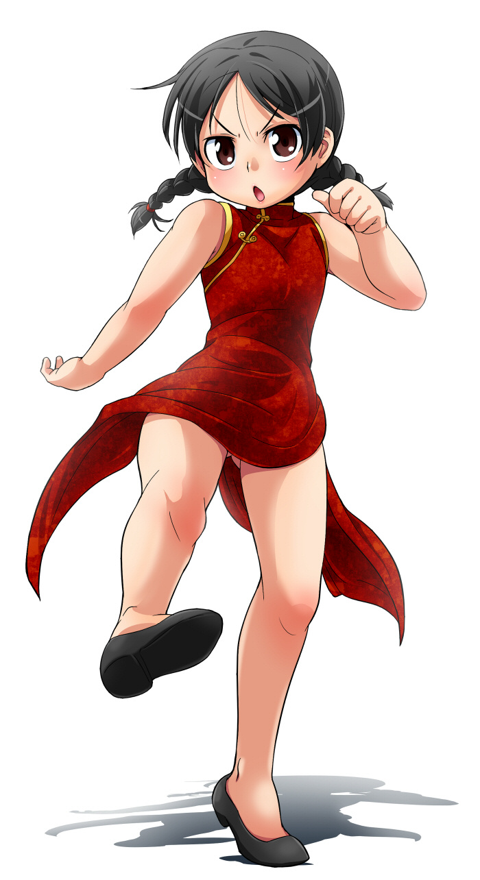 ameyoii, bad id, bad pixiv id, highres, black eyes, black hair, braid, brown eyes, china dress, chinese clothes, dress, kicking, loli, short twintails, solo, twin braids, twintails