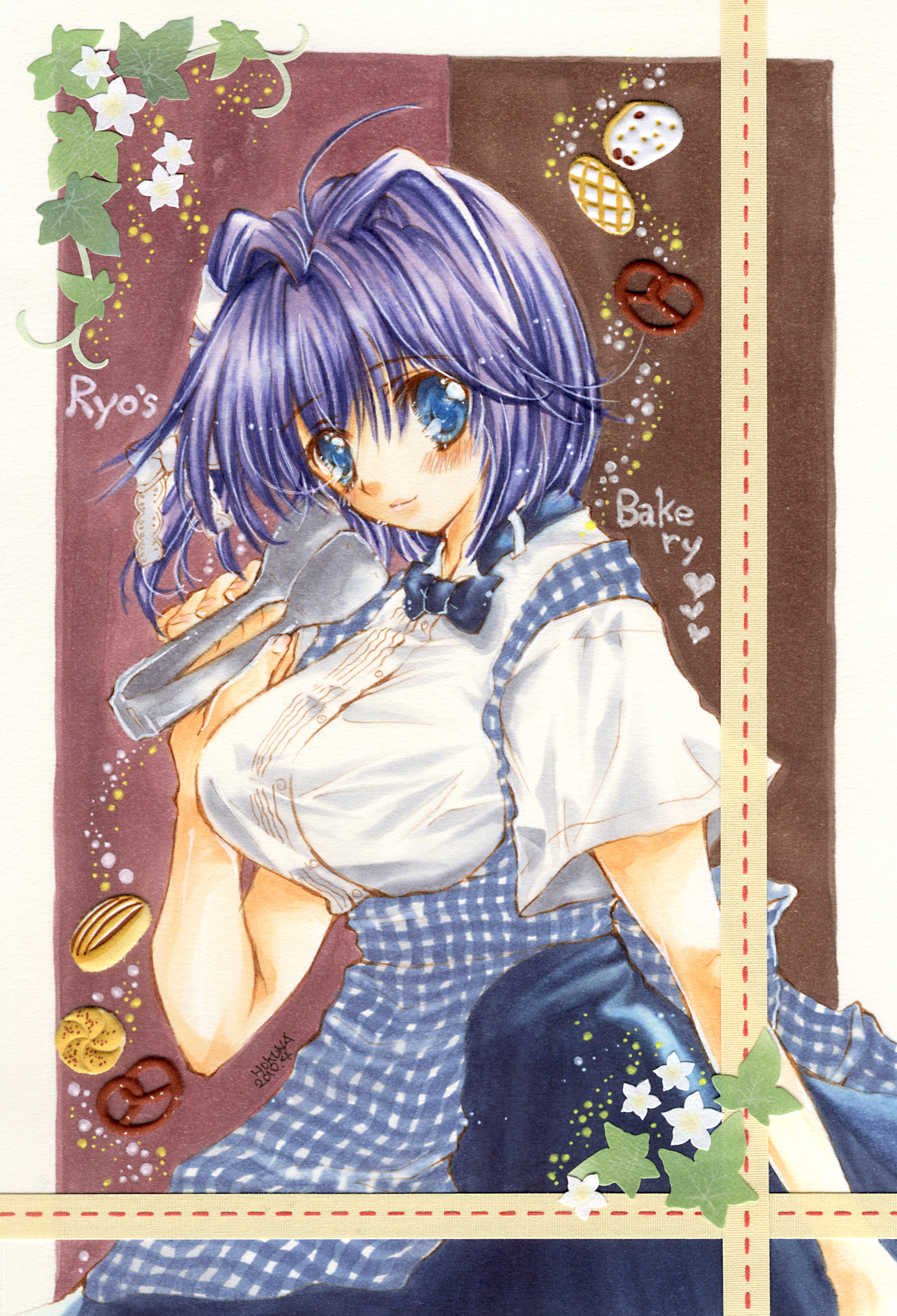 hokuna rin, kitana rin, fujibayashi ryou, clannad, absurdres, bad id, bad pixiv id, highres, 00s, 1girl, apron, blouse, blue bow, blue bowtie, blue eyes, blue hair, bow, bowtie, bread, dated, female focus, food, from side, gingham apron, kobeya uniform, leaf, matching hair/eyes, plaid apron, plaid clothes, pretzel, shirt, short hair, solo, tongs, white shirt