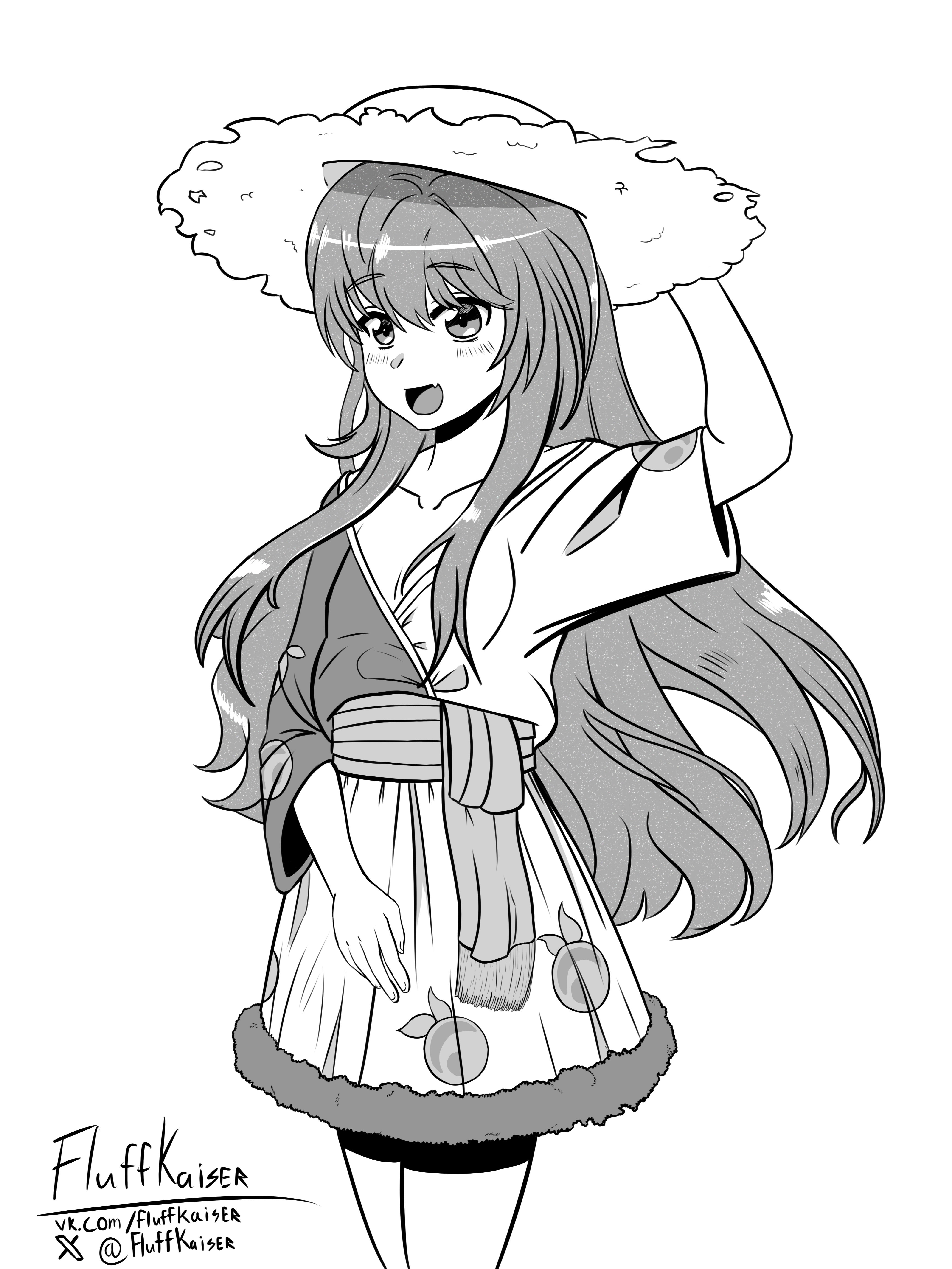 fluffkaiser, aisaka taiga, toradora!, absurdres, commentary, english commentary, highres, 1girl, blush, breasts, casual, collarbone, fang, fur-trimmed kimono, fur trim, happy, hat, japanese clothes, kimono, long hair, looking ahead, mandarin orange print, monochrome, open mouth, sash, simple background, skin fang, small breasts, smile, solo, sun hat, tongue, very long hair, waist sash, white background