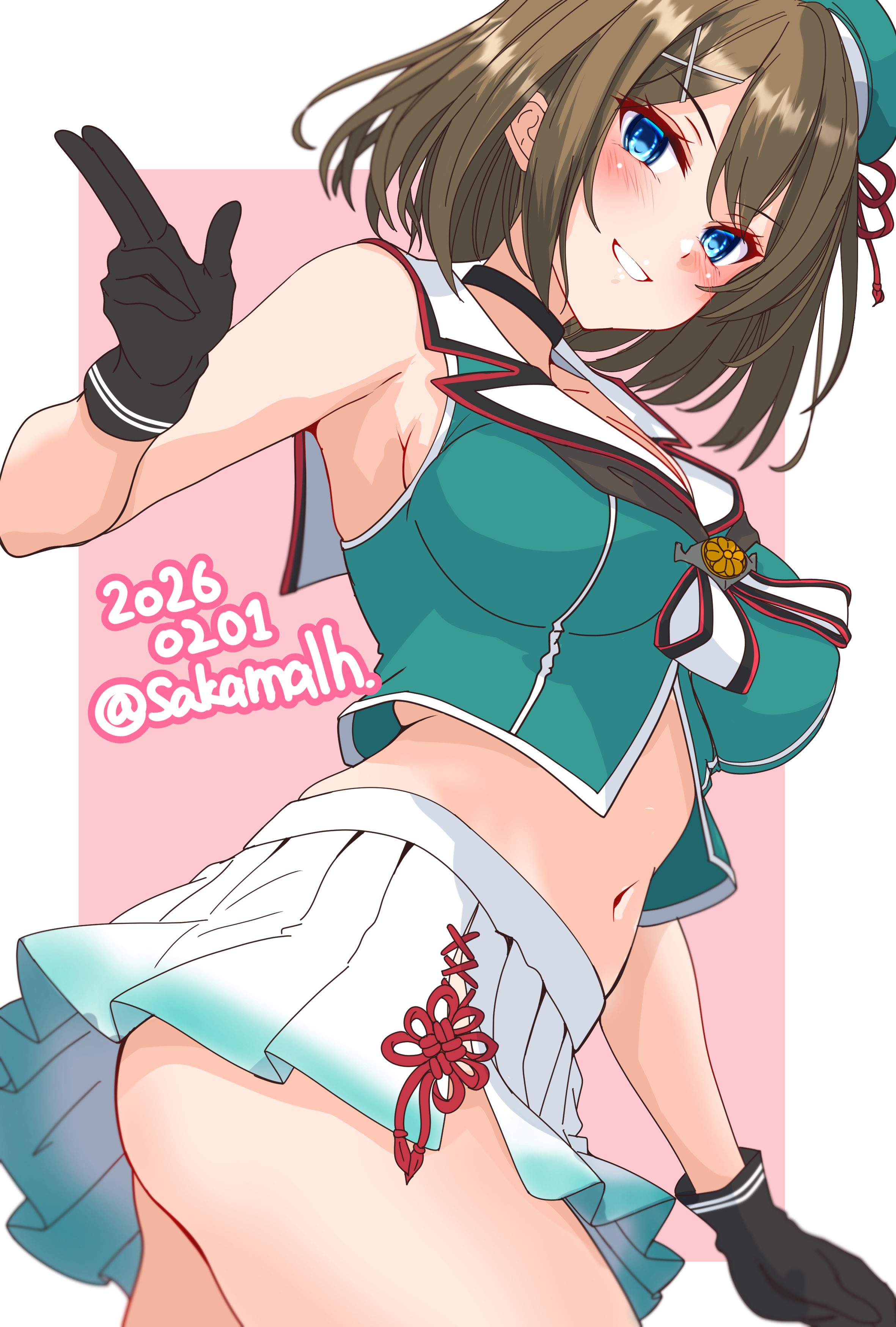 nitamako (sakamalh), maya (kancolle), maya kai ni (kancolle), kantai collection, absurdres, commentary request, highres, 1girl, aqua hat, ass, beret, black gloves, blue eyes, blush, breasts, brown hair, cleavage, cowboy shot, dated, gloves, gradient clothes, gradient skirt, hair ornament, hairclip, hat, headgear, large breasts, looking at viewer, midriff, mini hat, navel, pink background, pleated skirt, school uniform, serafuku, short hair, skirt, sleeveless, solo, twitter username, white background, white skirt, x hair ornament
