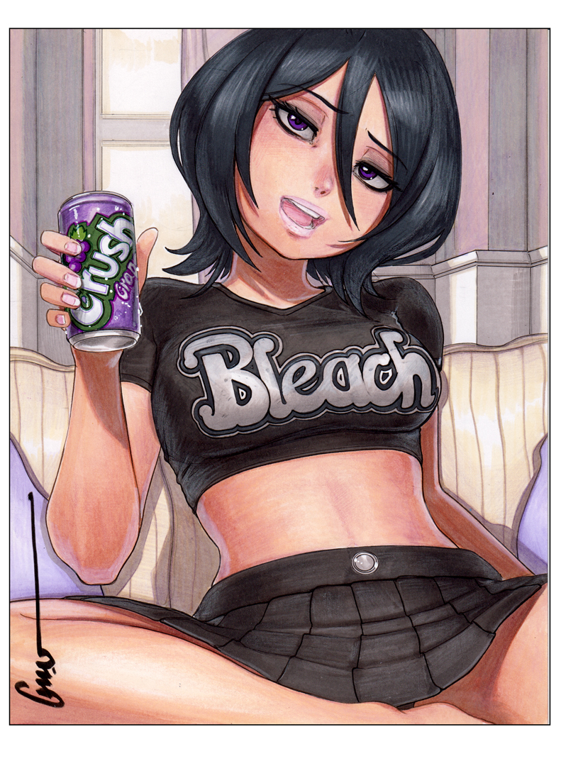omar dogan, kuchiki rukia, bleach, commentary, english commentary, 1girl, artist name, black hair, black shirt, black skirt, border, breasts, can, chair, copyright name, crop top, cropped shirt, drink can, holding, holding can, indian style, indoors, lips, looking at viewer, medium breasts, navel, open mouth, parted lips, pillow, pink nails, pleated skirt, print shirt, purple eyes, shirt, short hair, short sleeves, sitting, skirt, soda can, solo, v-neck, white border, window