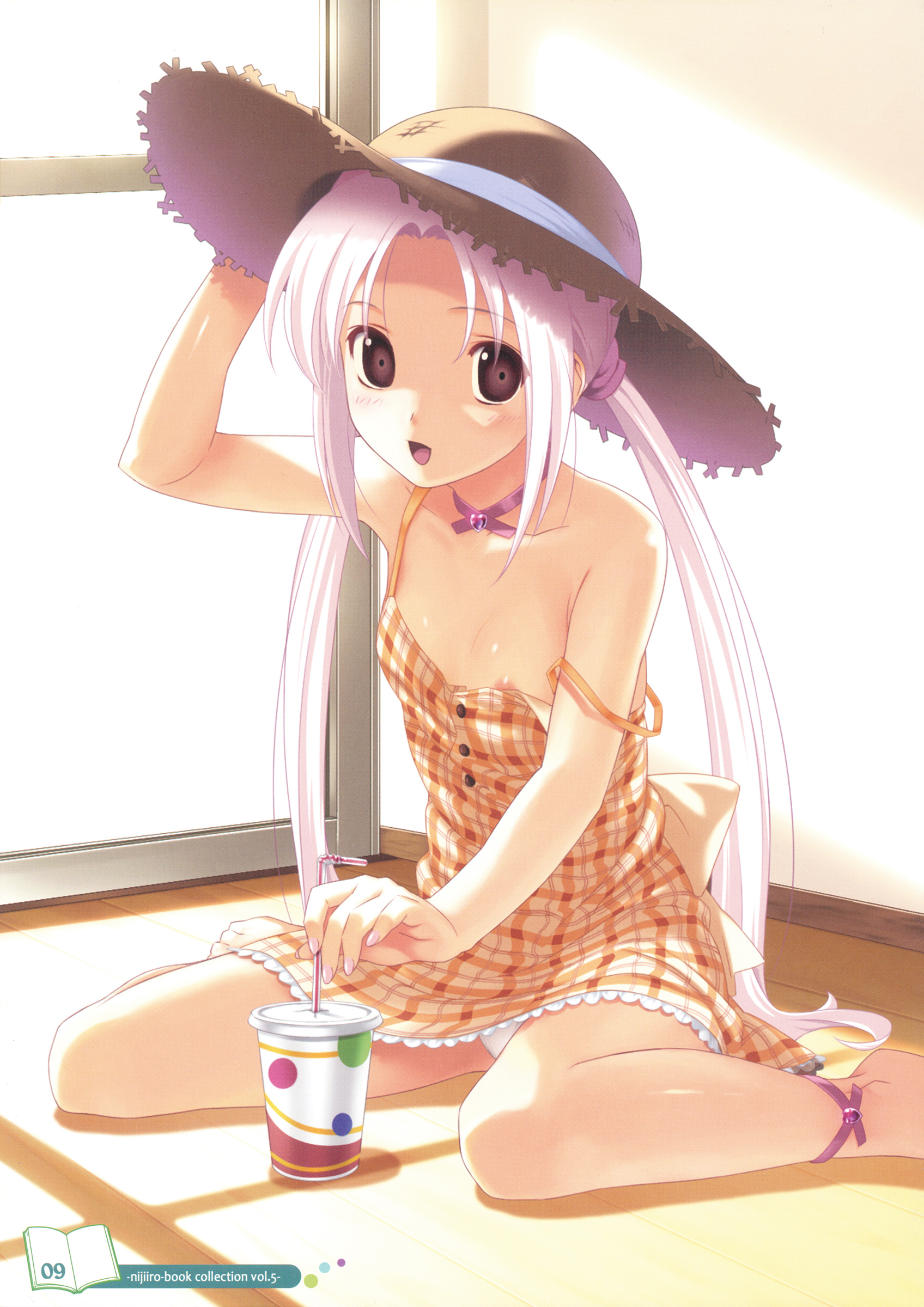 koutaro, original, plaid, absurdres, highres, 1girl, anklet, barefoot, blush, brown eyes, dress, drinking straw, female focus, flat chest, hat, jewelry, long hair, nipple slip, nipples, no bra, page number, panties, ribbon, sitting, smile, solo, strap slip, twintails, underwear, wariza, white hair