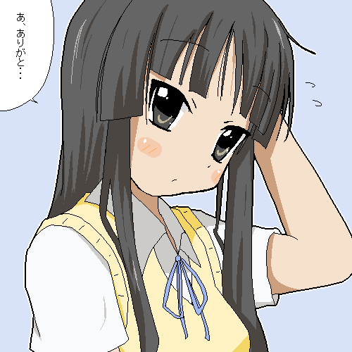 mkt (50r50r), akiyama mio, k-on!, bad id, bad pixiv id, lowres, 1girl, black eyes, black hair, female focus, long hair, oekaki, school uniform, simple background, solo, sweater vest