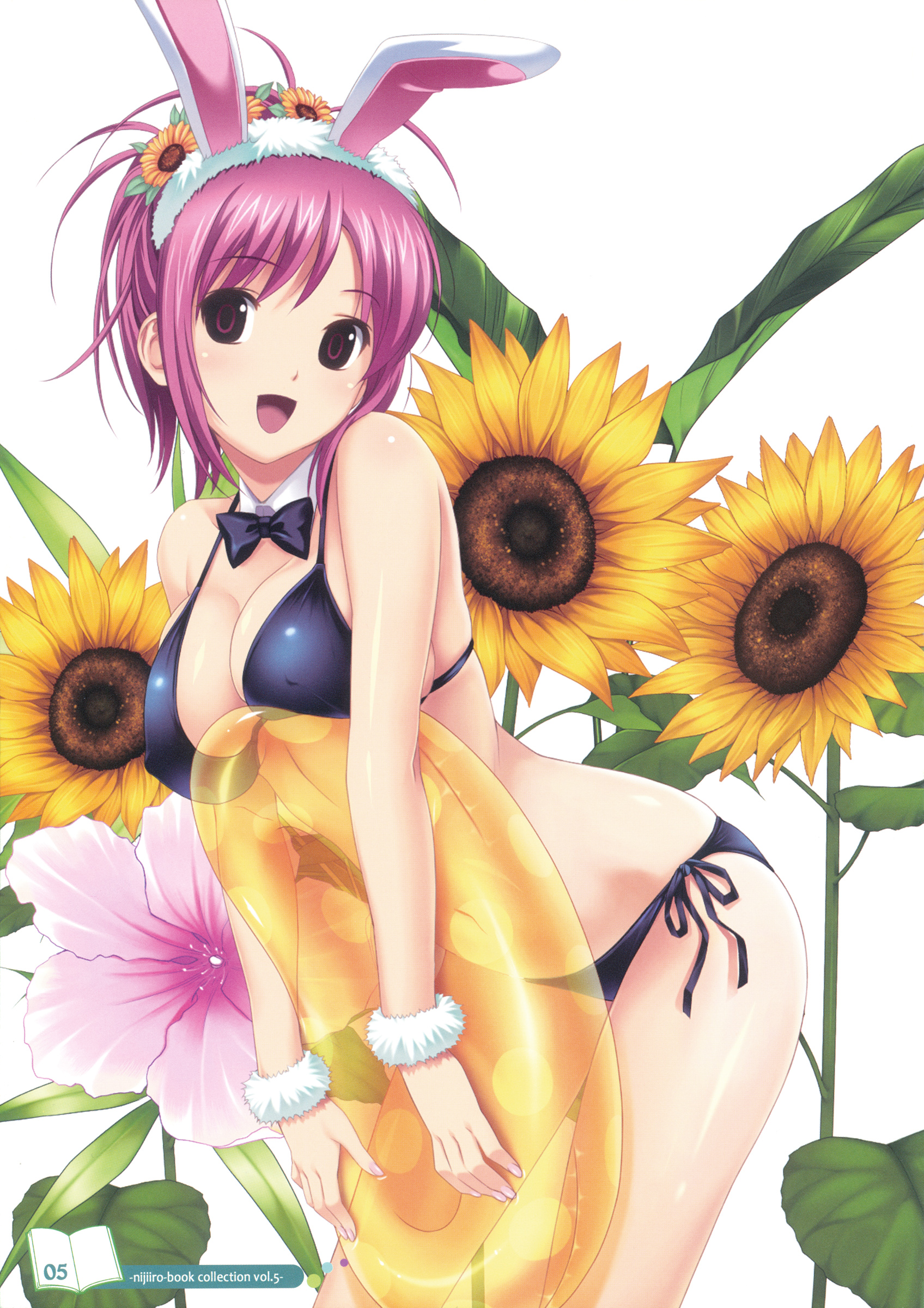 koutaro, hinata hanabi, tropical kiss, absurdres, highres, 10s, 1girl, animal ears, bikini, bow, bowtie, breast press, breasts, detached collar, female focus, flower, innertube, nature, pink eyes, pink hair, rabbit ears, side-tie bikini bottom, smile, solo, sunflower, swim ring, swimsuit, white background, wristband