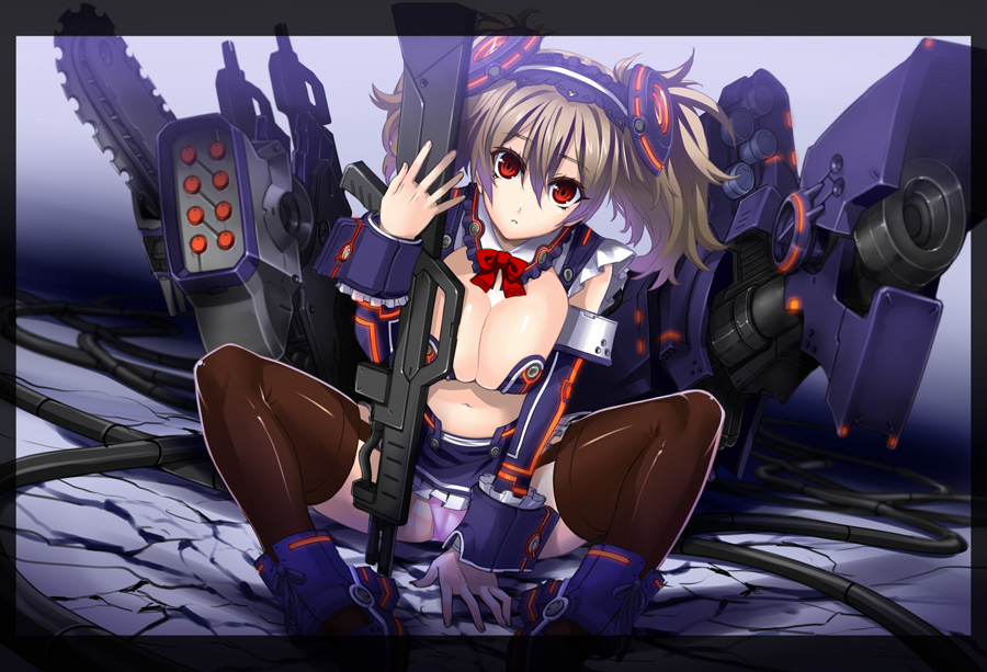 fujimon, original, 1girl, border, breasts, brown hair, cleavage, detached sleeves, female focus, gun, hairband, large breasts, mecha musume, red eyes, sitting, solo, thighhighs, twintails, weapon
