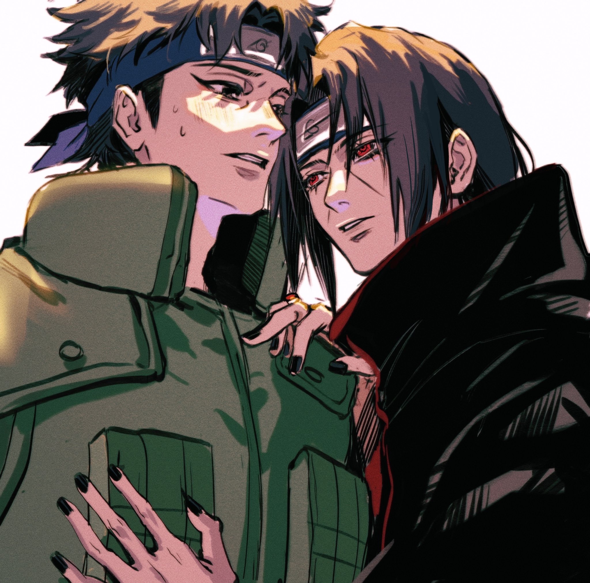 momoyoru1, uchiha itachi, uchiha shisui, naruto (series), commentary, highres, 2boys, akatsuki uniform, black hair, black nails, blush, curtained hair, eye contact, face-to-face, flak jacket, forehead protector, jacket, konohagakure shinobi uniform, konohagakure symbol, looking at another, male focus, multiple boys, short hair, simple background, white background, yaoi