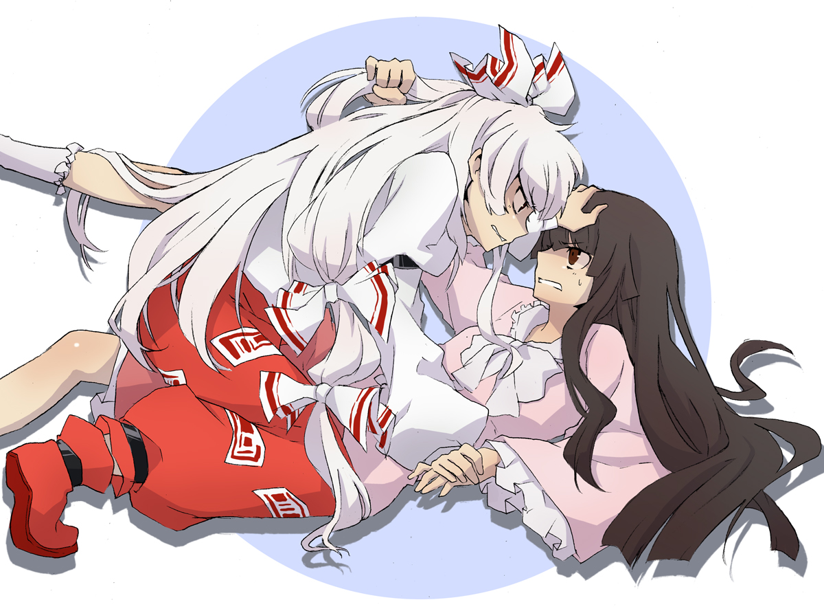 hirasaka (artist), hirasaka ine, fujiwara no mokou, houraisan kaguya, touhou, bad id, bad pixiv id, 2girls, angry, annoyed, eye contact, female focus, fighting, holding, kneehighs, looking at another, lying, multiple girls, profile, rivalry, socks, sweatdrop, wrestling