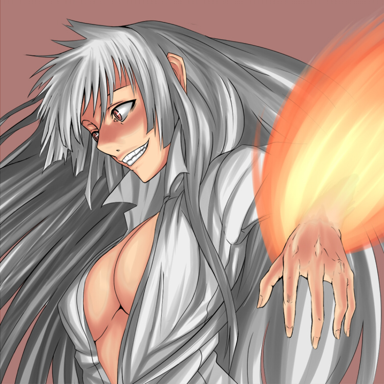 supu, fujiwara no mokou, touhou, 1girl, breasts, cleavage, crazy eyes, female focus, fire, grin, large breasts, long hair, smile, solo, teeth, unbuttoned