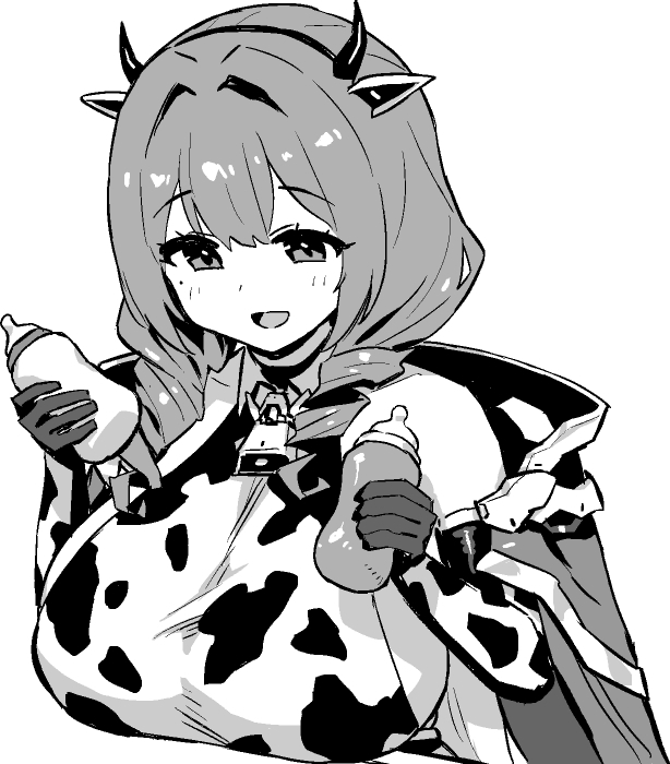 hori (hori no su), cowpens (azur lane), azur lane, azur lane: slow ahead, commentary request, 1girl, animal ears, animal print, baby bottle, bell, bottle, breasts, cow ears, cow horns, cow print, cowbell, drill hair, fake animal ears, fake horns, greyscale, hands up, horns, huge breasts, medium hair, mole, mole under eye, monochrome, neck bell, open mouth, simple background, solo, white background