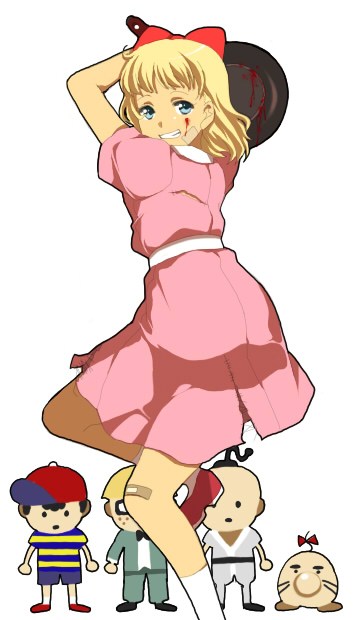 hitujiya, doseisan, jeff andonuts, ness (mother 2), paula (mother 2), poo (mother 2), mother (series), mother 2, nintendo, bad id, bad pixiv id, 1girl, 3boys, bandaid, black hair, blonde hair, blood, blue eyes, child, frying pan, glasses, grin, hat, multiple boys, ribbon, short hair, smile