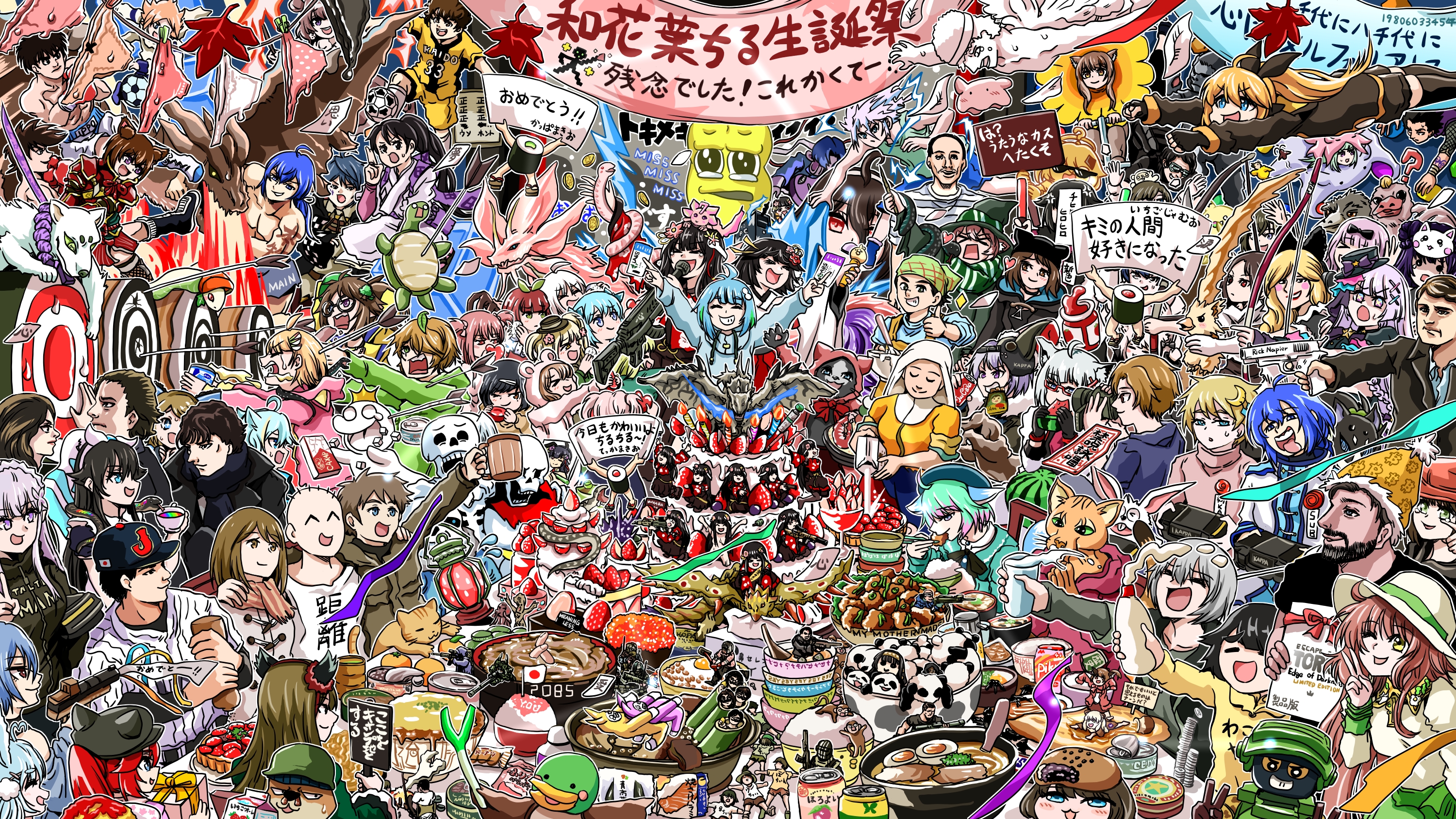 tsuchiyamashige, fujiwara chika, papyrus (undertale), peanuts-kun, kaguya-sama wa kokurasetai ~tensai-tachi no renai zunousen~, super bunny man, the milkmaid, utdr (toby fox), annotation request, character request, commentary request, copyright request, highres, translation request, 6+boys, 6+girls, ahoge, animal costume, animal ears, arrow (projectile), ball, baseball cap, beard, beer can, bird, black-framed eyewear, black hair, blonde hair, blue hair, bow, bow (weapon), bowl, box, boxing gloves, brown hair, cake, can, cat, chopsticks, closed eyes, coin, controller, crescent, crescent hair ornament, crossover, crown, dragon, drink can, drink carton, duck, facial hair, fingerless gloves, food, fruit, game controller, ghost, gift, gift box, gloves, green eyes, grin, gun, hair bow, hair ornament, handgun, hat, holding, holding bow (weapon), holding chopsticks, holding controller, holding game controller, holding gun, holding wand, holding weapon, japanese clothes, japanese flag, leaf, mask, mayonnaise bottle, microphone, milk carton, mini flag, mini person, miniboy, minigirl, monkey, multiple boys, multiple crossover, multiple girls, mustache, one eye closed, open mouth, panties, pink hair, purple eyes, purple hair, rabbit costume, red hair, rice bowl, shorts, smile, snake, soccer ball, spring onion, strawberry, sunglasses, sushi, target, tears, thumbs up, tongue, tongue out, tree hair ornament, turtle, underwear, unworn panties, wand, watermelon, watermelon slice, weapon, wizard hat