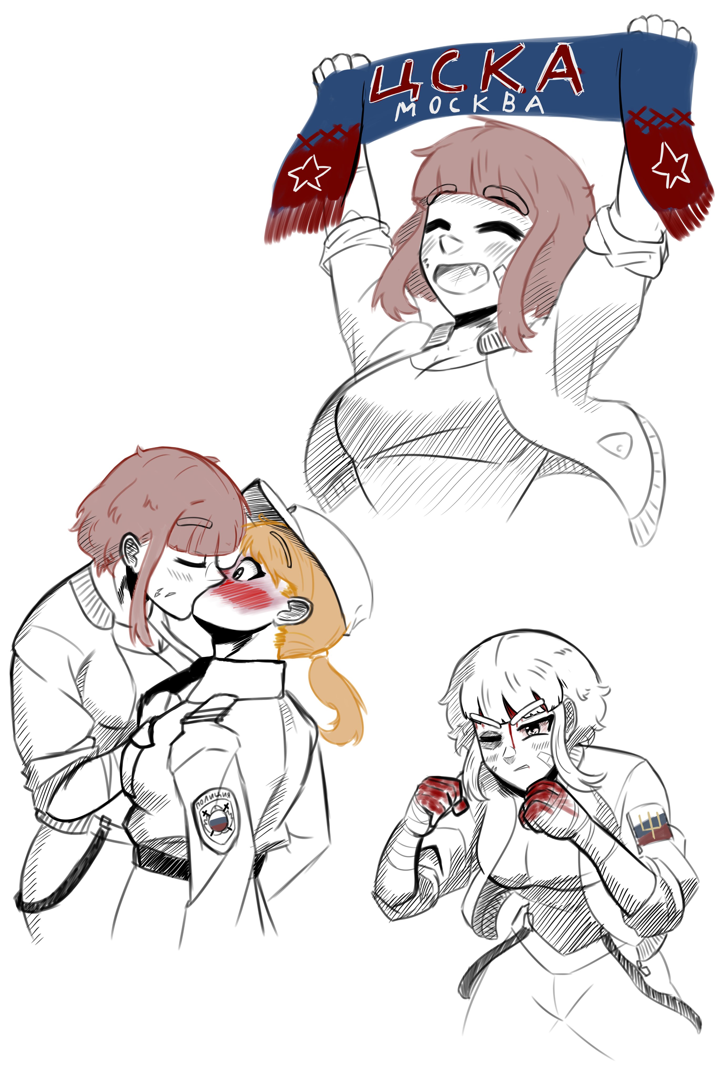 fluffkaiser, original, absurdres, commentary, english commentary, highres, 2girls, bandaged hand, bandages, bandaid, bandaid on cheek, bandaid on face, blonde hair, blood, blood from forehead, bloody bandages, blush, breasts, brown hair, clenched teeth, closed eyes, fang, fighting stance, forced kiss, french kiss, happy, hat, jacket, kiss, long hair, medium breasts, multiple girls, pants, peaked cap, pfc cska moscow, police, police uniform, ponytail, russian police, short hair, sidelocks, sleeves rolled up, smile, soccer, soccer hooligan, teeth, tomboy, yuri